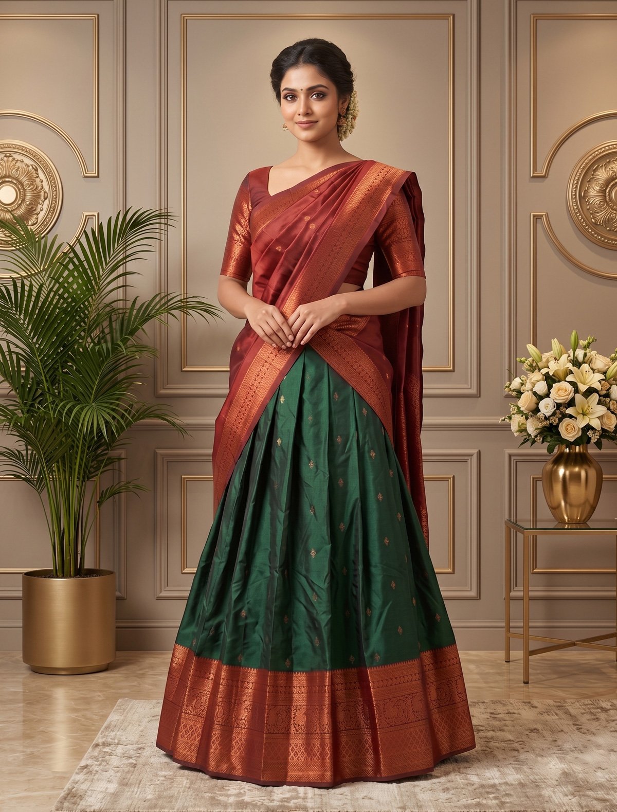 Rajshri Fashions Emerald Green & Maroon Royal Silk Pattu Pavadai Set - Rajshri Fashions Sowcarpet Chennai