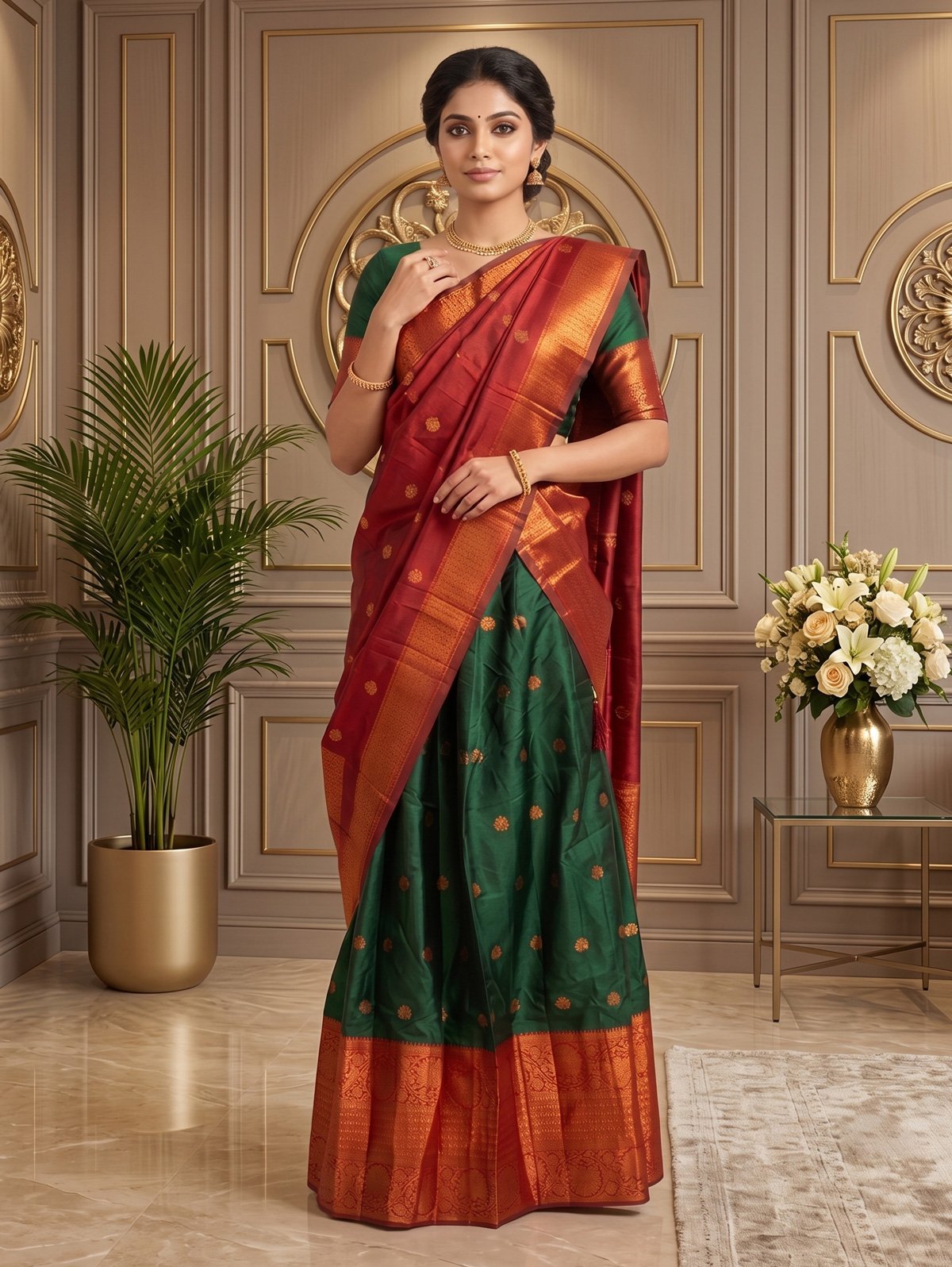 Rajshri Fashions Emerald Green and Deep Crimson Traditional Silk Half Saree Lehenga - Rajshri Fashions Sowcarpet Chennai