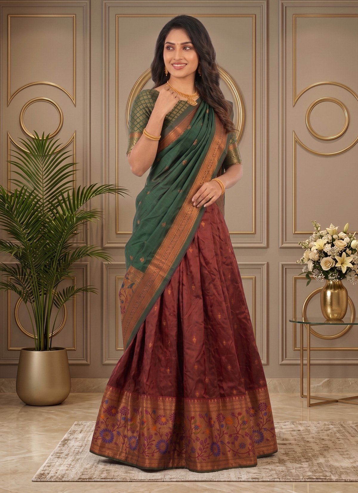 Rajshri Fashions Royal Maroon & Forest Green Traditional Silk Half Saree Lehenga - Rajshri Fashions Sowcarpet Chennai