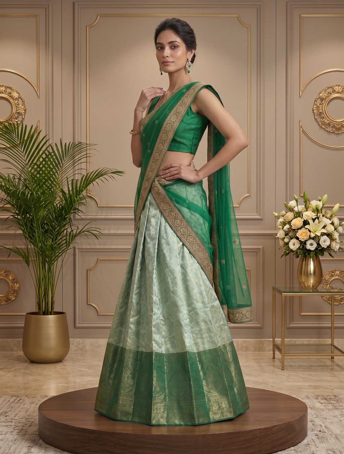 Rajshri Fashions Emerald & Mint Dual-Tone Banarasi Silk Lehenga Set - Rajshri Fashions Sowcarpet Chennai