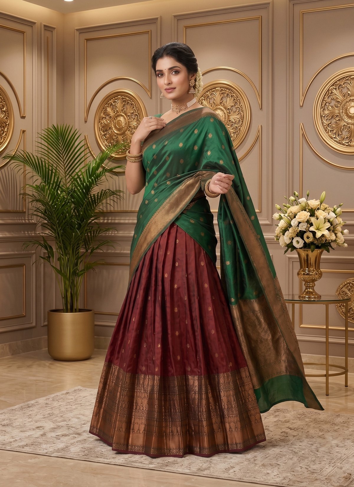Rajshri Fashions Emerald Green and Maroon Royal Silk Half Saree - Rajshri Fashions Sowcarpet Chennai