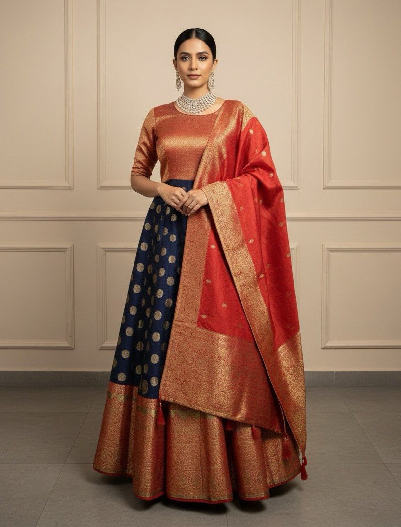 Rajshri Fashions Royal Navy & Burnt Orange Banarasi Silk Gown Set - Rajshri Fashions Sowcarpet Chennai