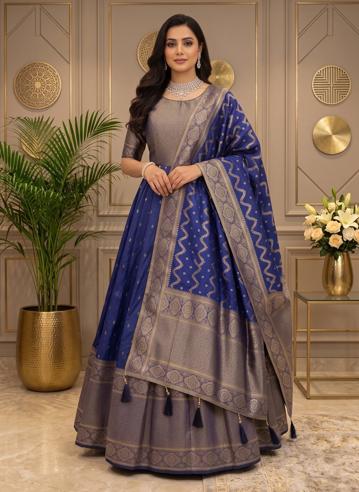 Rajshri Fashions Royal Blue Banarasi Silk Flared Gown Set - Rajshri Fashions Sowcarpet Chennai