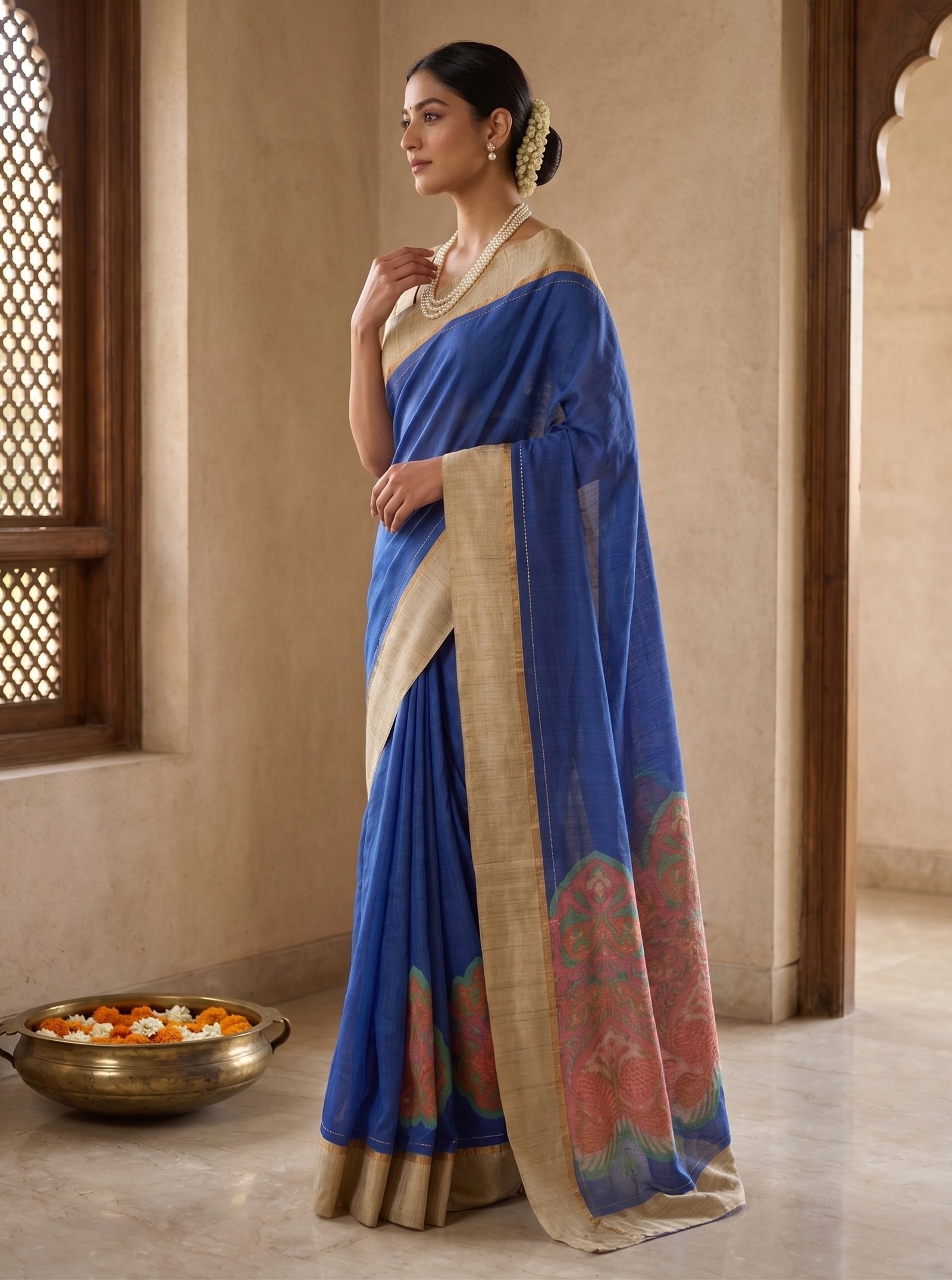 Rajshri Fashions Royal Azure Blue Handwoven Linen Silk Saree - Rajshri Fashions Sowcarpet Chennai