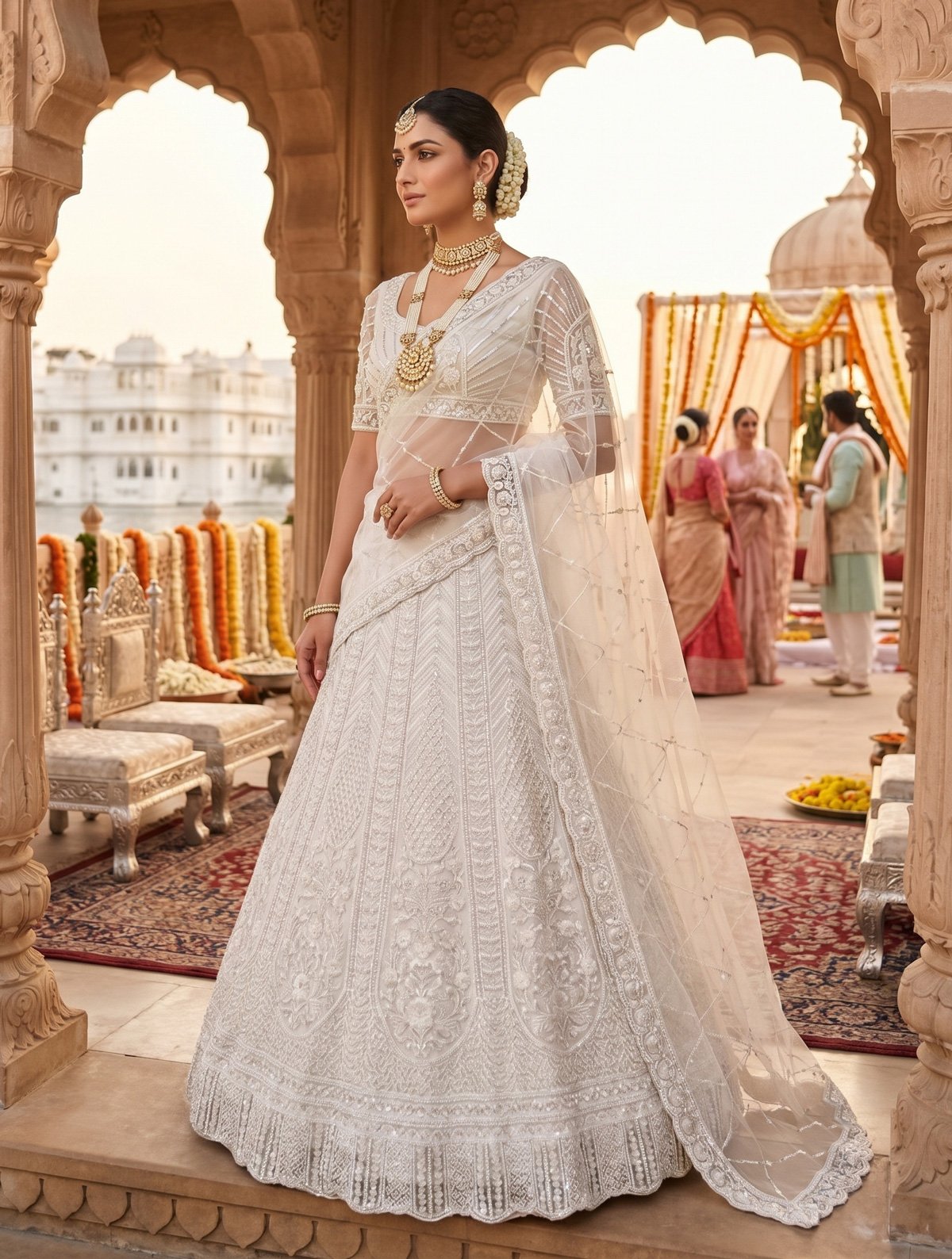 Rajshri Fashions Ivory Pearl-Embellished Net Bridal Lehenga Set