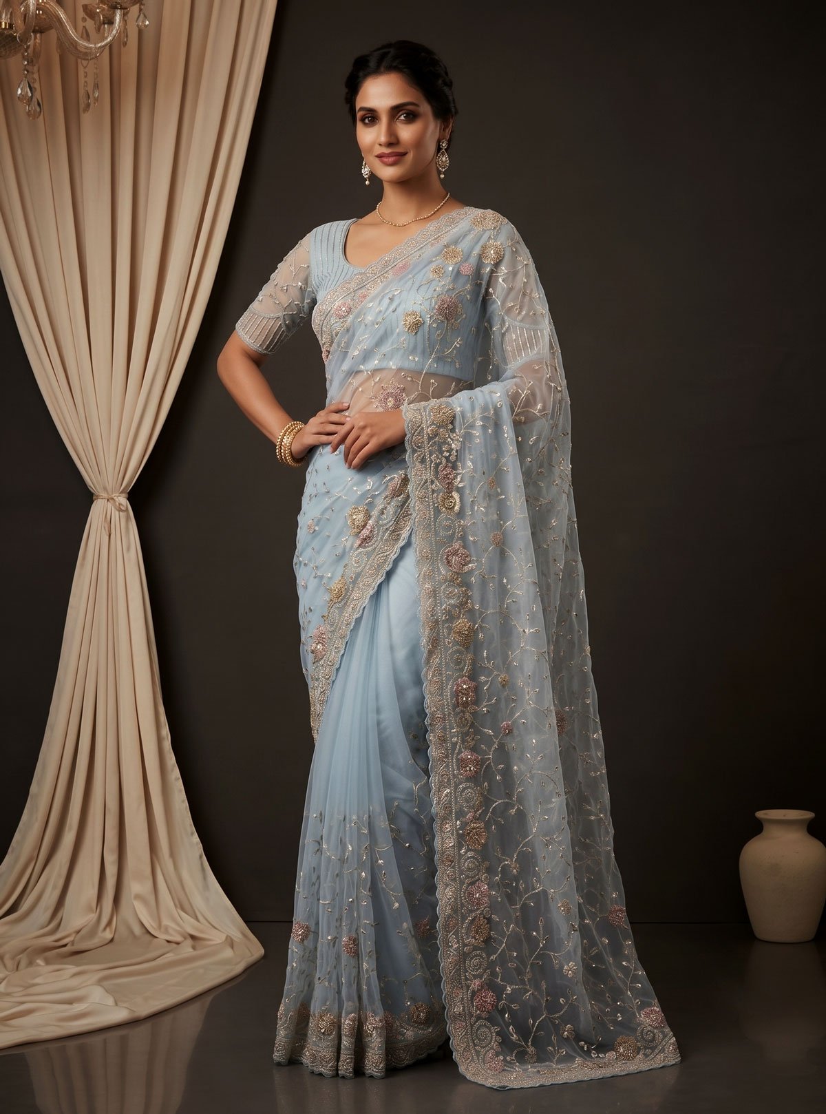 Rajshri Fashions Powder Blue Floral Embroidered Net Saree - Rajshri Fashions Sowcarpet Chennai