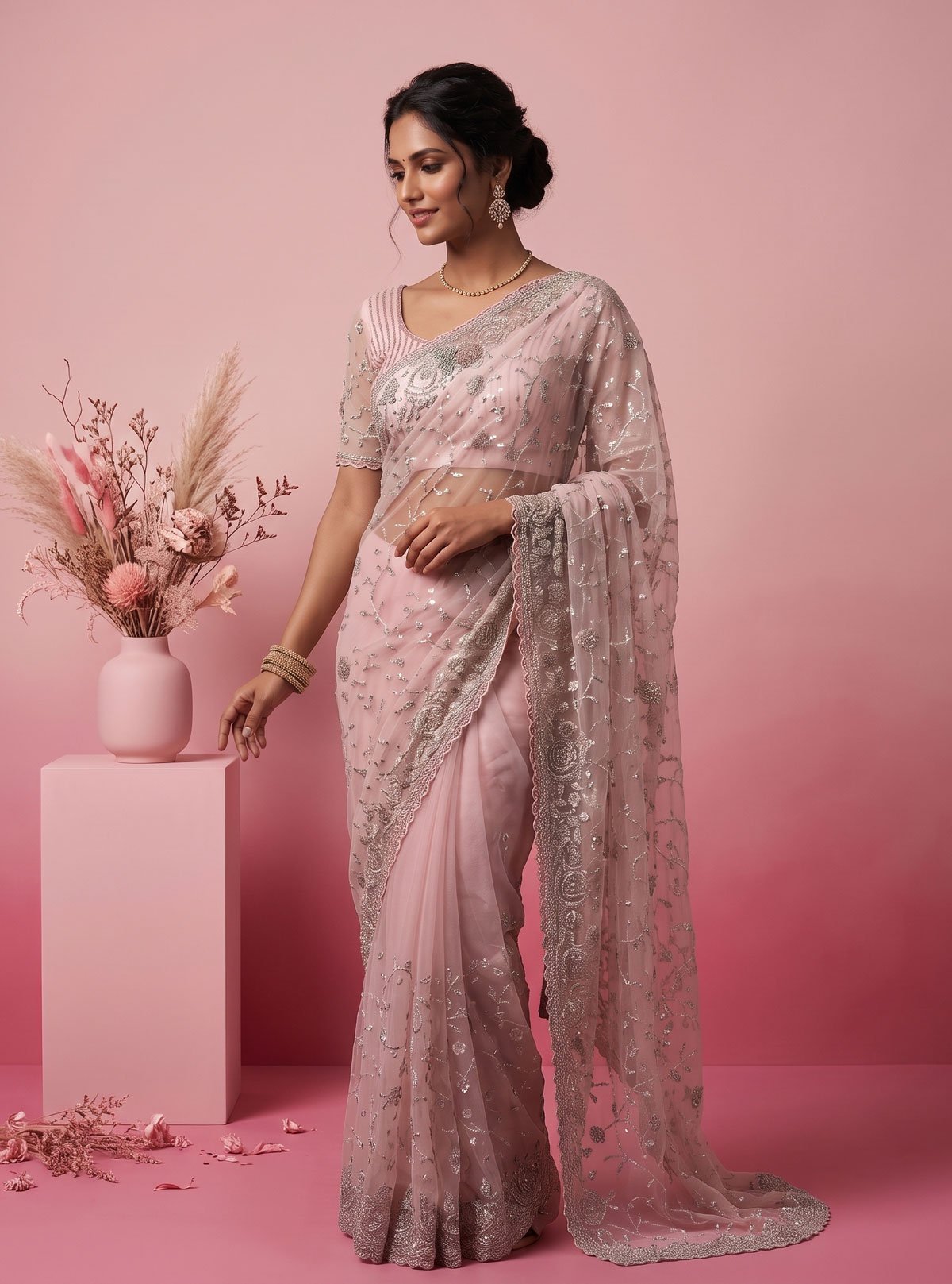 Rajshri Fashions Blush Pink Embroidered Net Saree with Silver Zari and Cutdana Work - Rajshri Fashions Sowcarpet Chennai