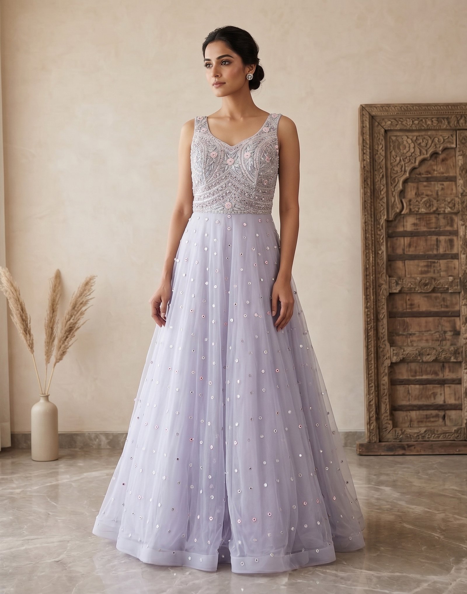 Rajshri Fashions Ethereal Lavender Embellished A-Line Gown