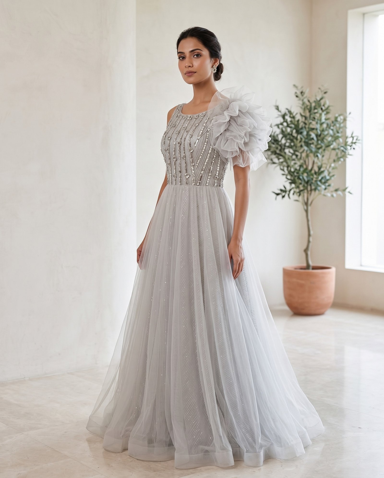 Rajshri Fashions Ethereal Silver Grey Tulle Embellished Evening Gown