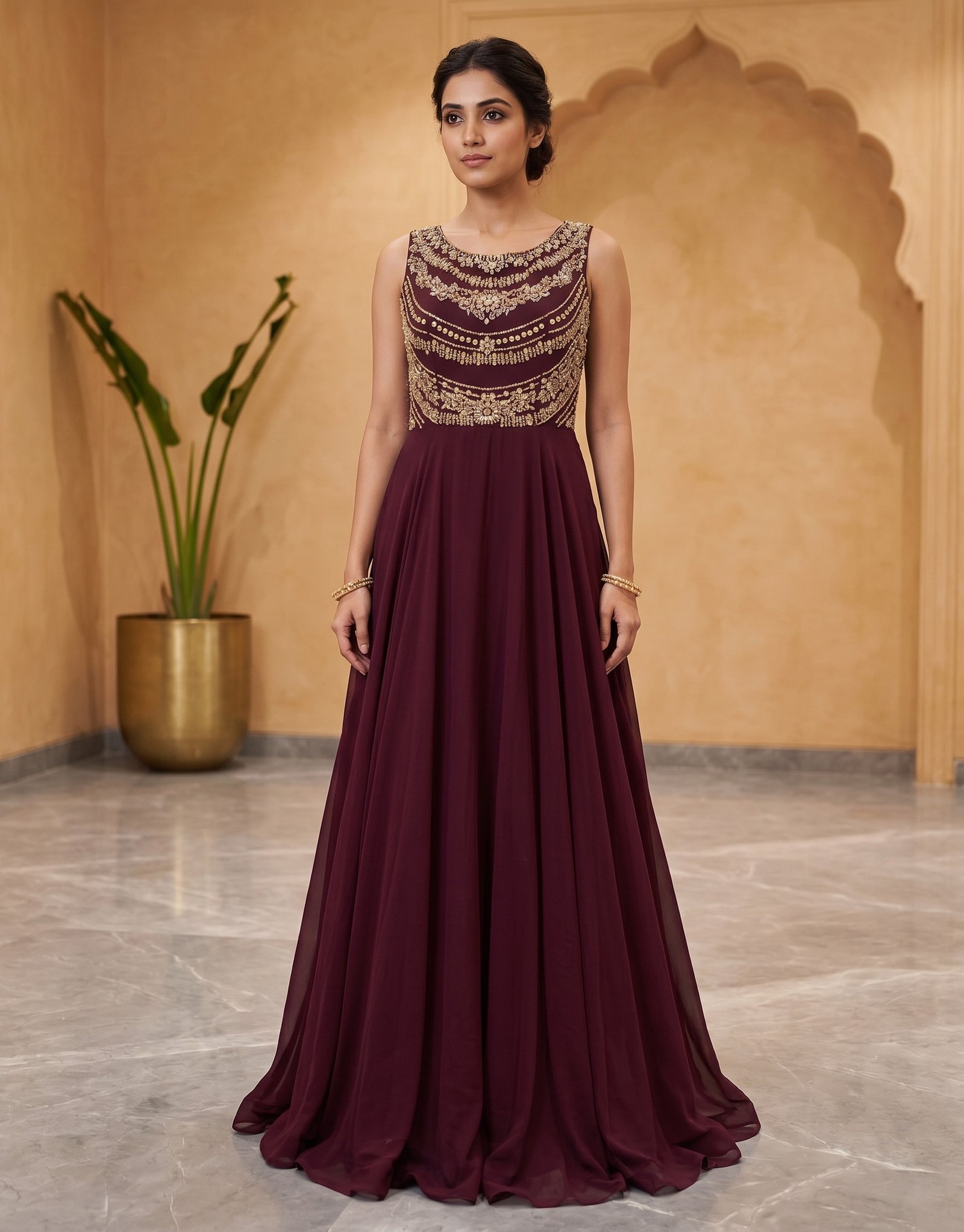 Rajshri Fashions Royal Burgundy Chiffon Floor-Length Gown with Antique Gold Zardosi Embellishments - Rajshri Fashions Sowcarpet Chennai