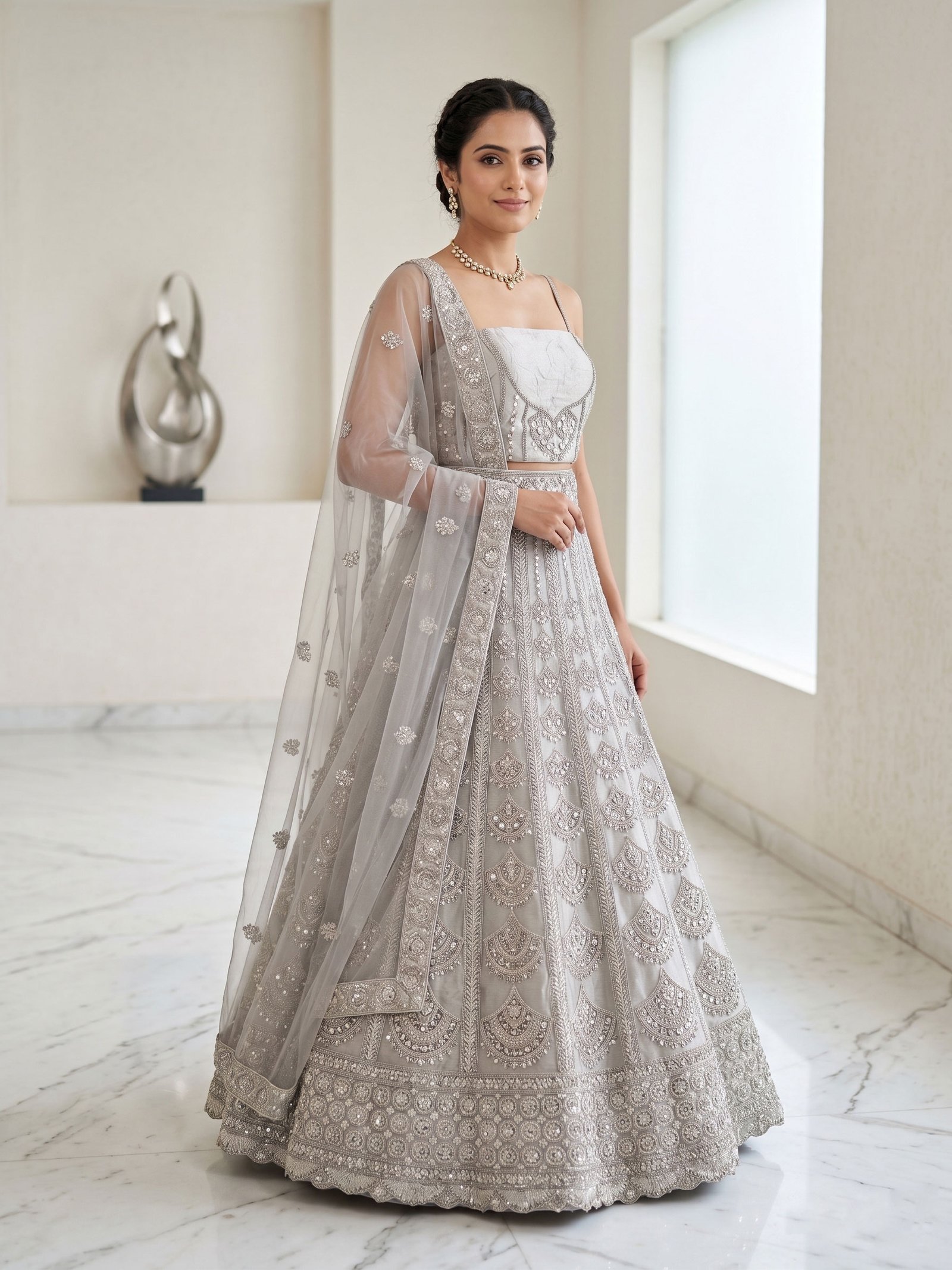 Rajshri Fashions Ethereal Silver Grey Embroidered Net Lehenga Set