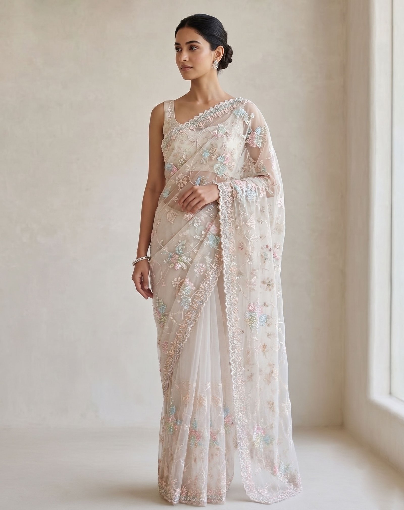 Rajshri Fashions Ethereal Ivory Net Floral Embroidered Saree - Rajshri Fashions Sowcarpet Chennai
