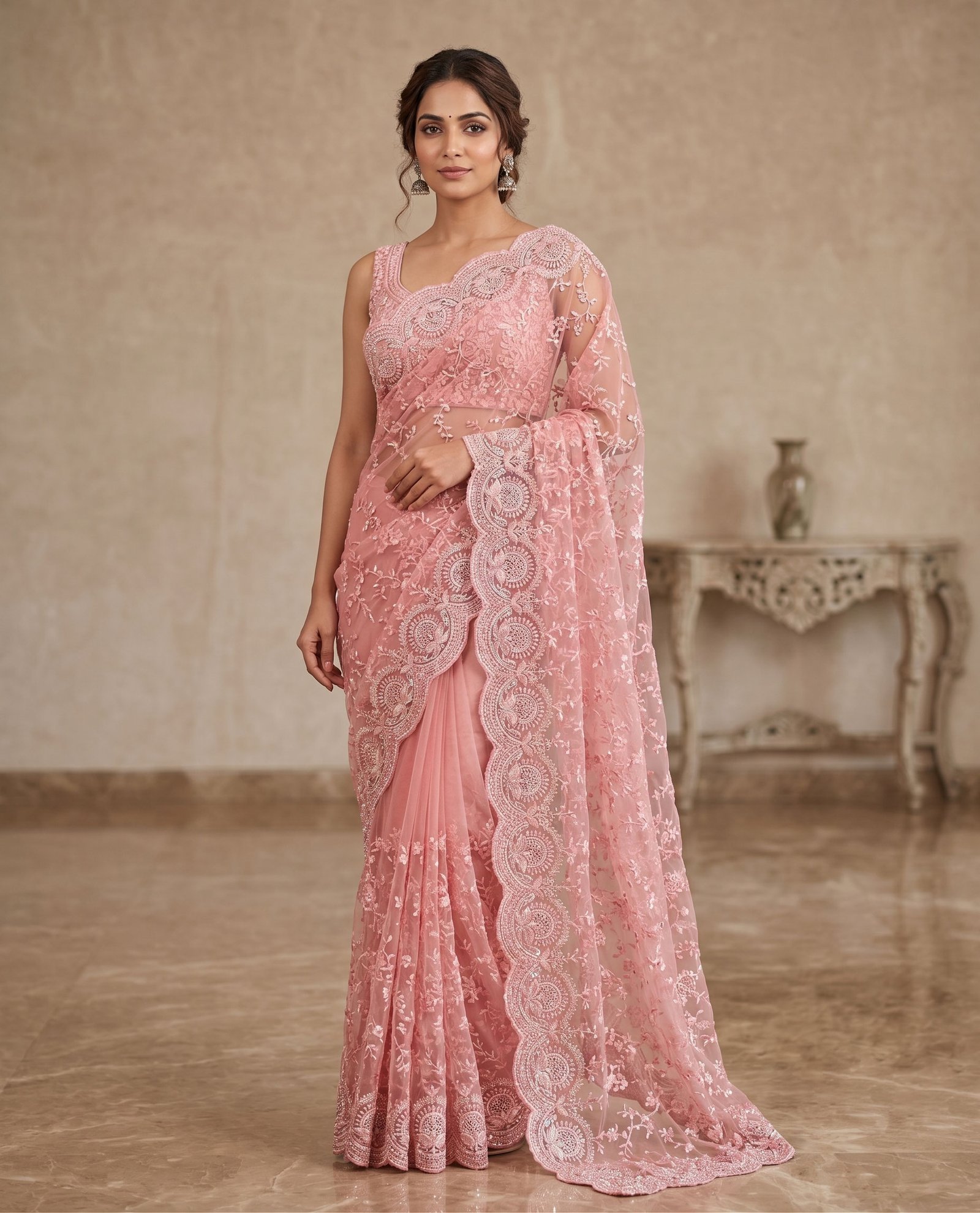 Rajshri Fashions Ethereal Blush Pink Floral Embroidered Net Saree - Rajshri Fashions Sowcarpet Chennai