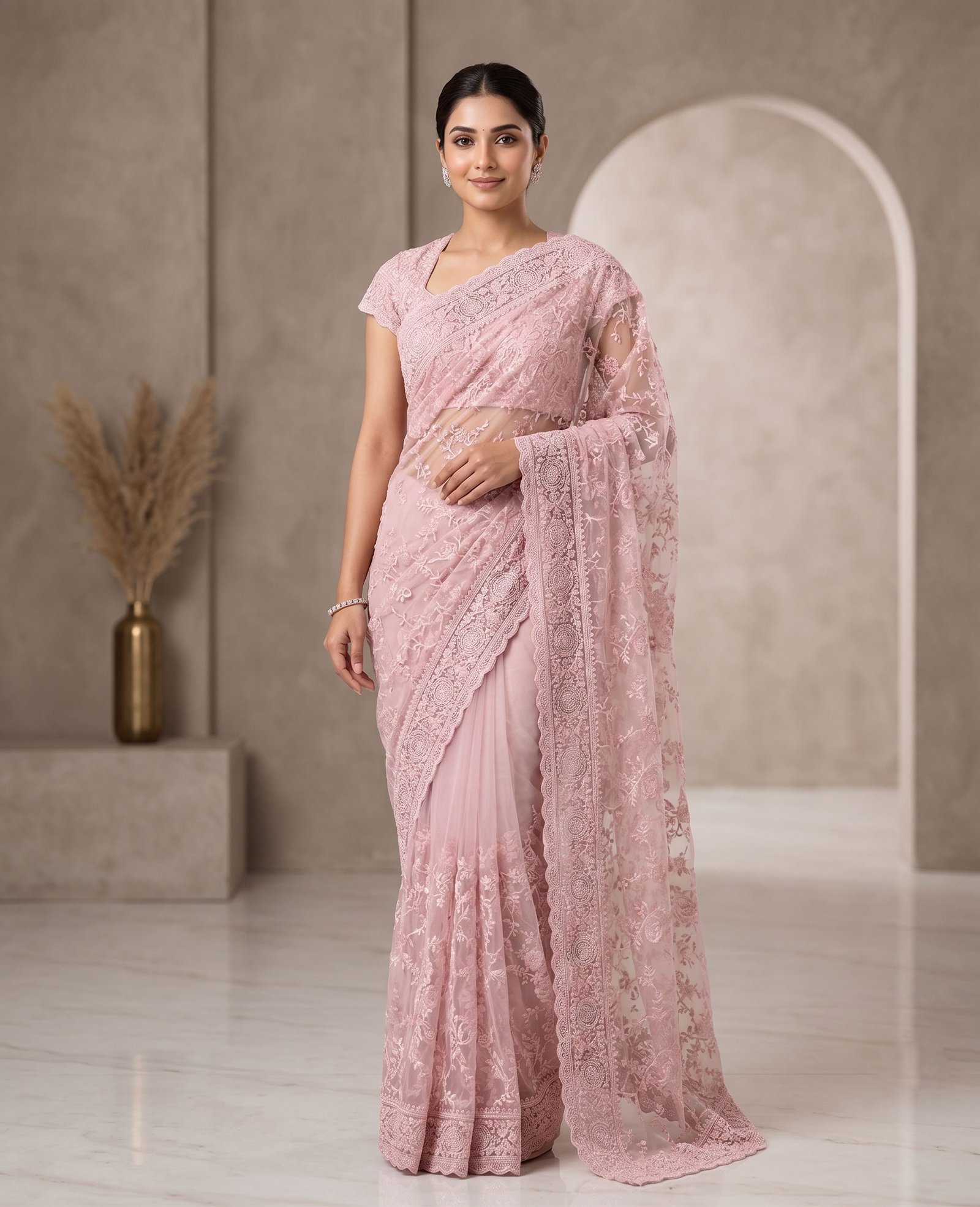 Rajshri Fashions Blush Pink Floral Embroidered Net Saree - Rajshri Fashions Sowcarpet Chennai