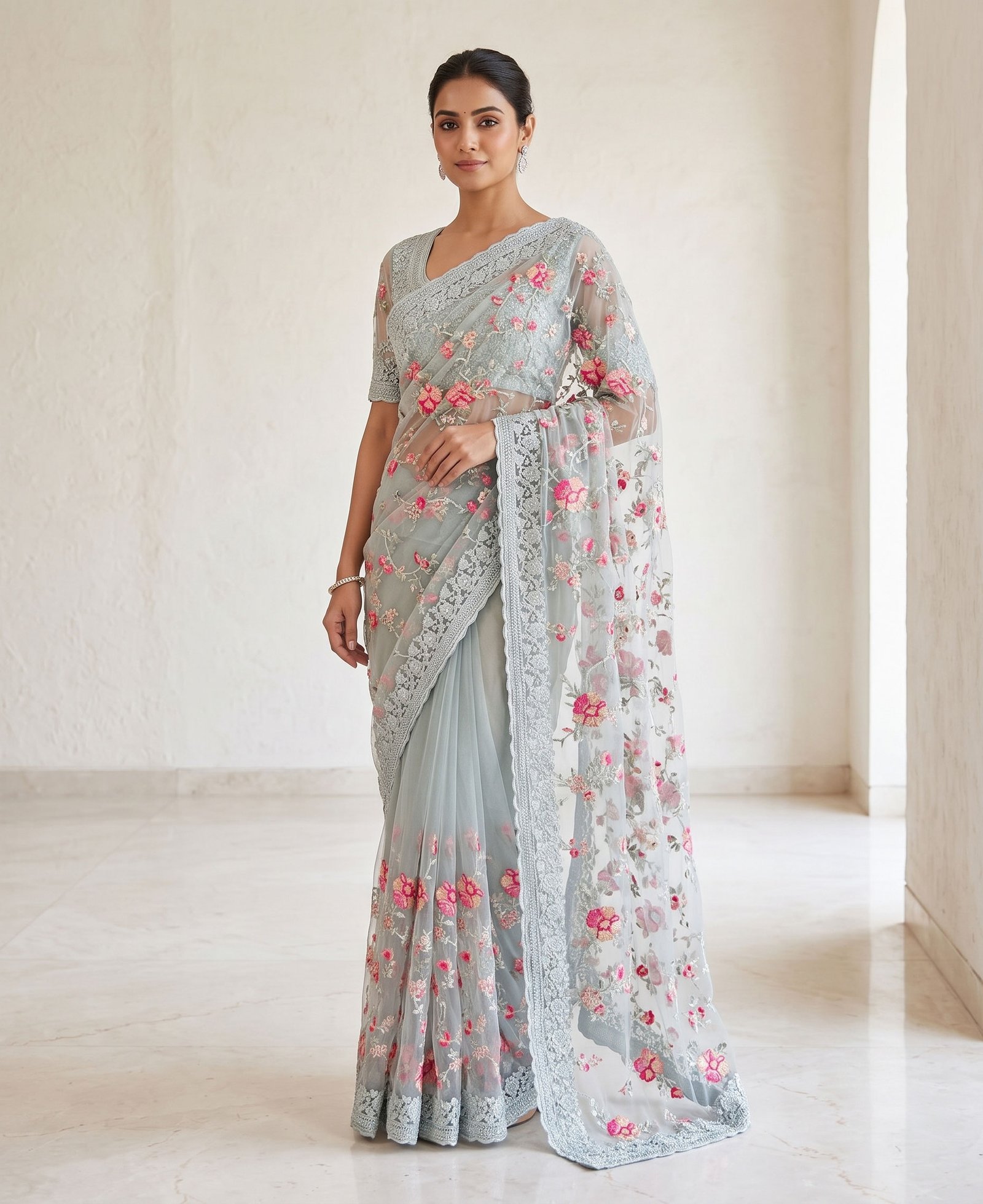Rajshri Fashions Ethereal Light Blue Floral Embroidered Net Saree - Rajshri Fashions Sowcarpet Chennai