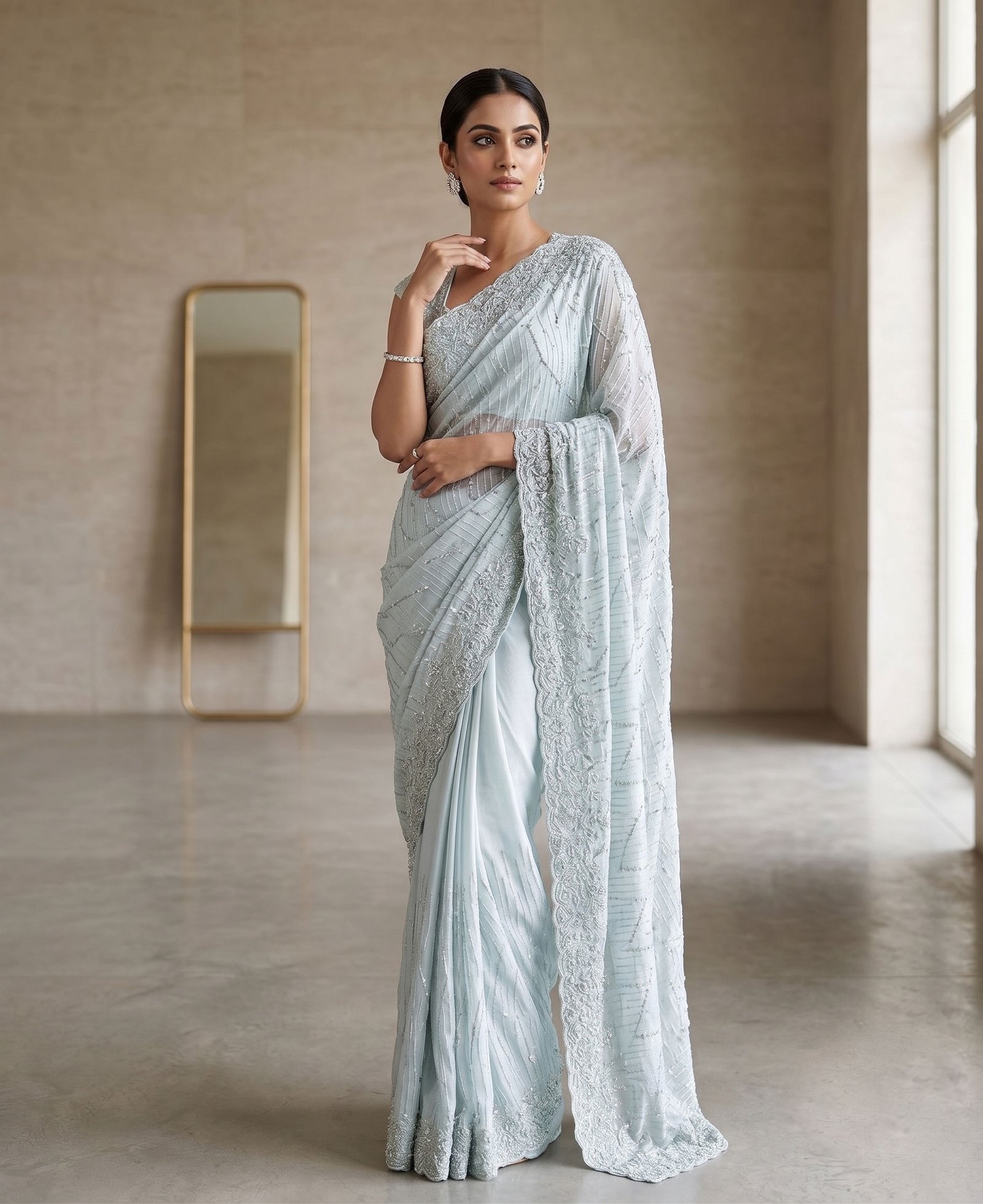 Rajshri Fashions Ethereal Powder Blue Hand-Embellished Crepe Saree - Rajshri Fashions Sowcarpet Chennai