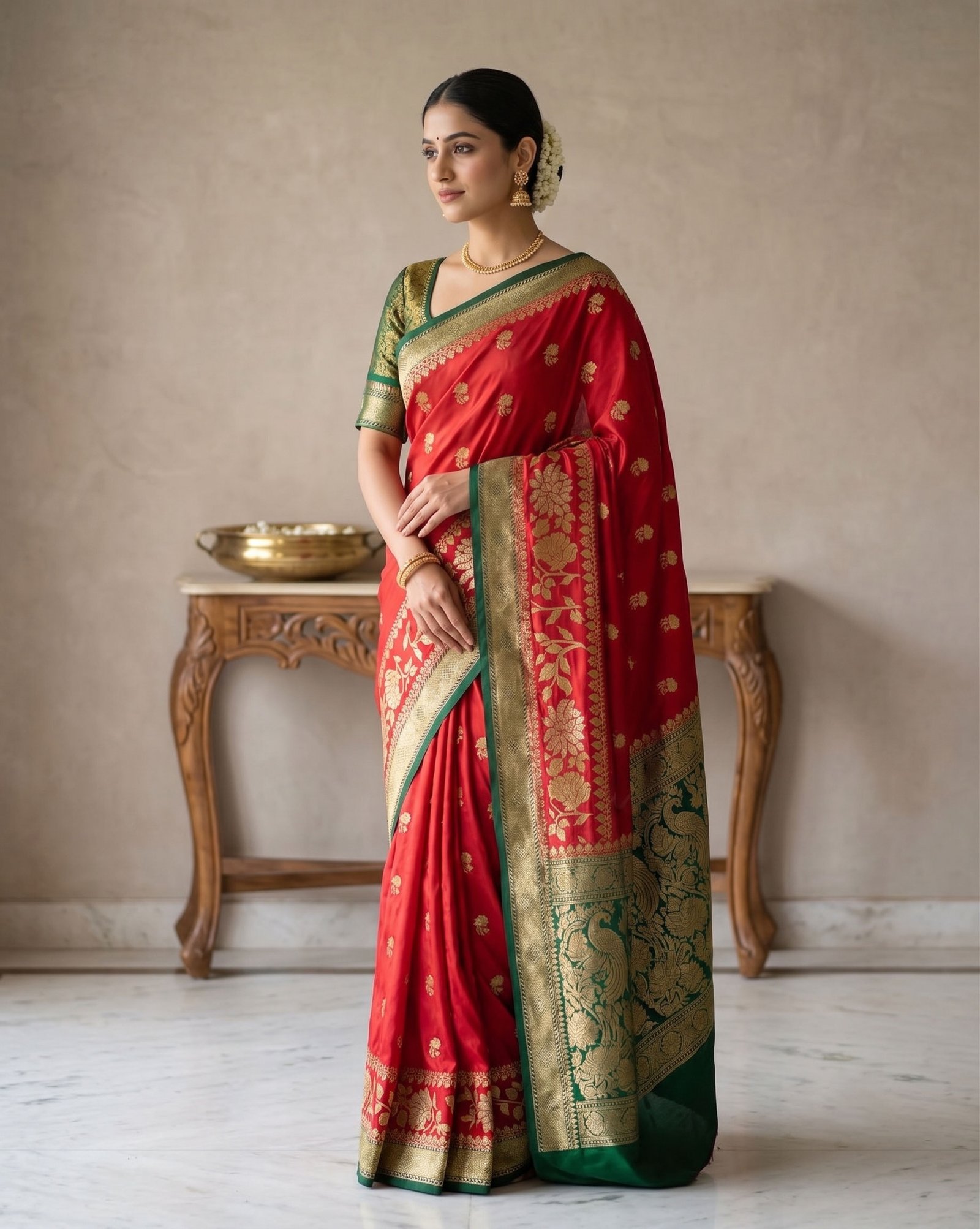 Rajshri Fashions Crimson Red Banarasi Silk Saree with Emerald Green Border - Rajshri Fashions Sowcarpet Chennai