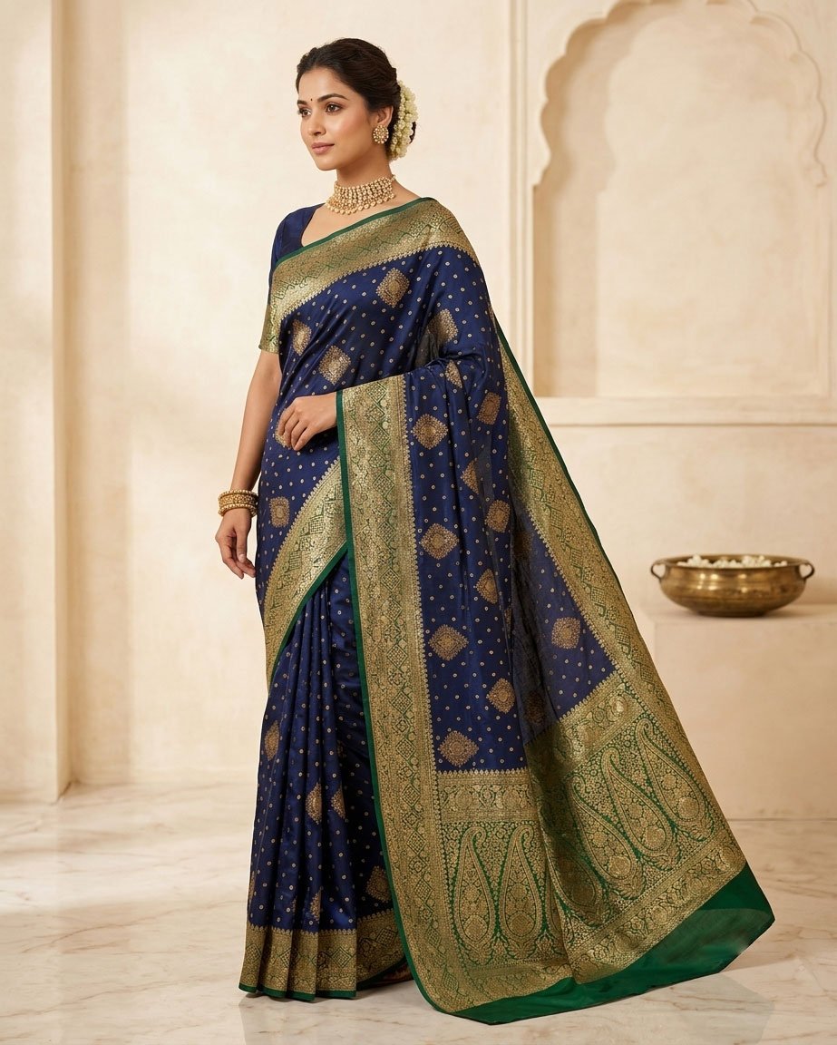 Rajshri Fashions Royal Navy Blue Banarasi Silk Saree with Emerald Green Border - Rajshri Fashions Sowcarpet Chennai