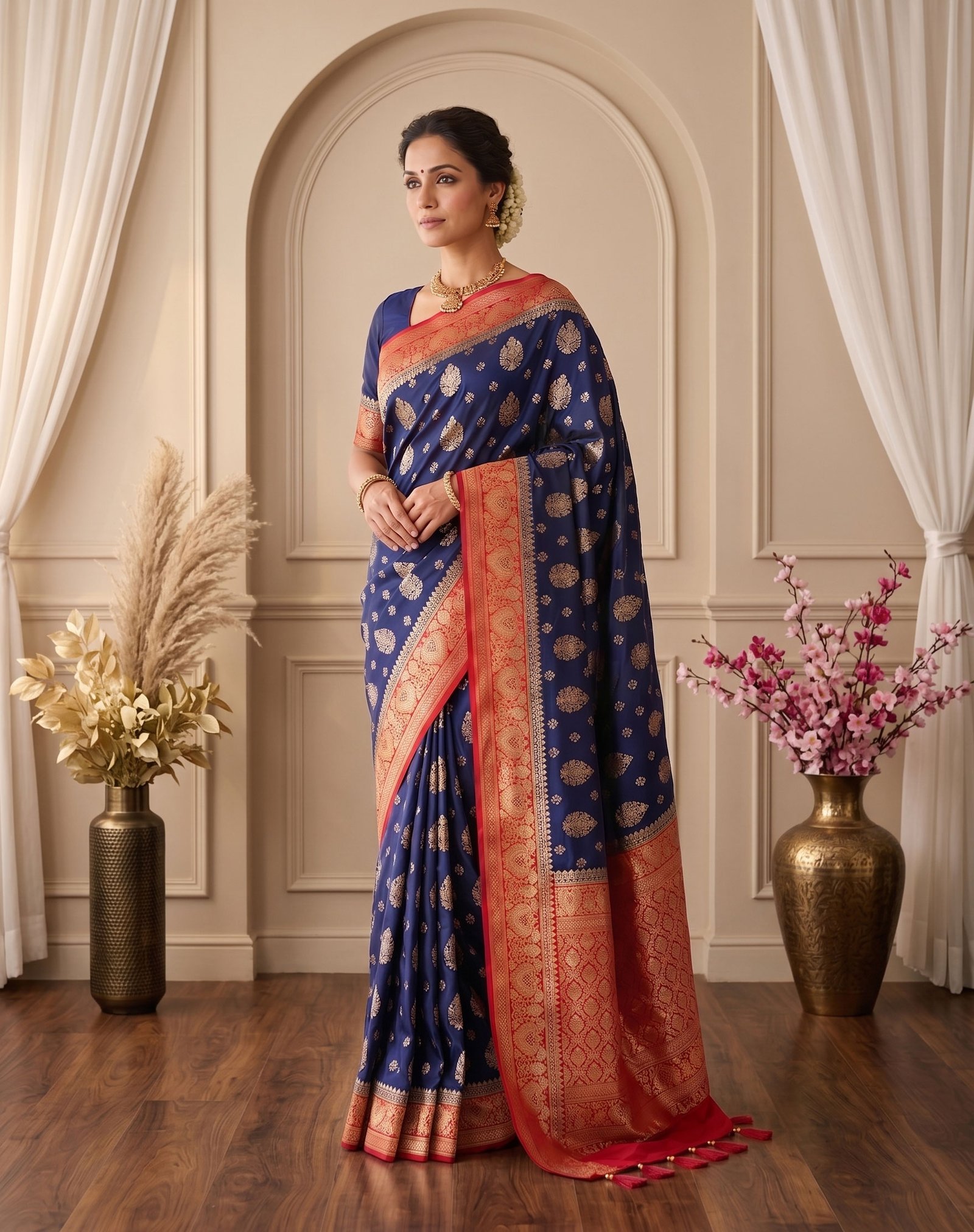 Rajshri Fashions Royal Navy Blue Banarasi Silk Saree with Intricate Zari Border - Rajshri Fashions Sowcarpet Chennai
