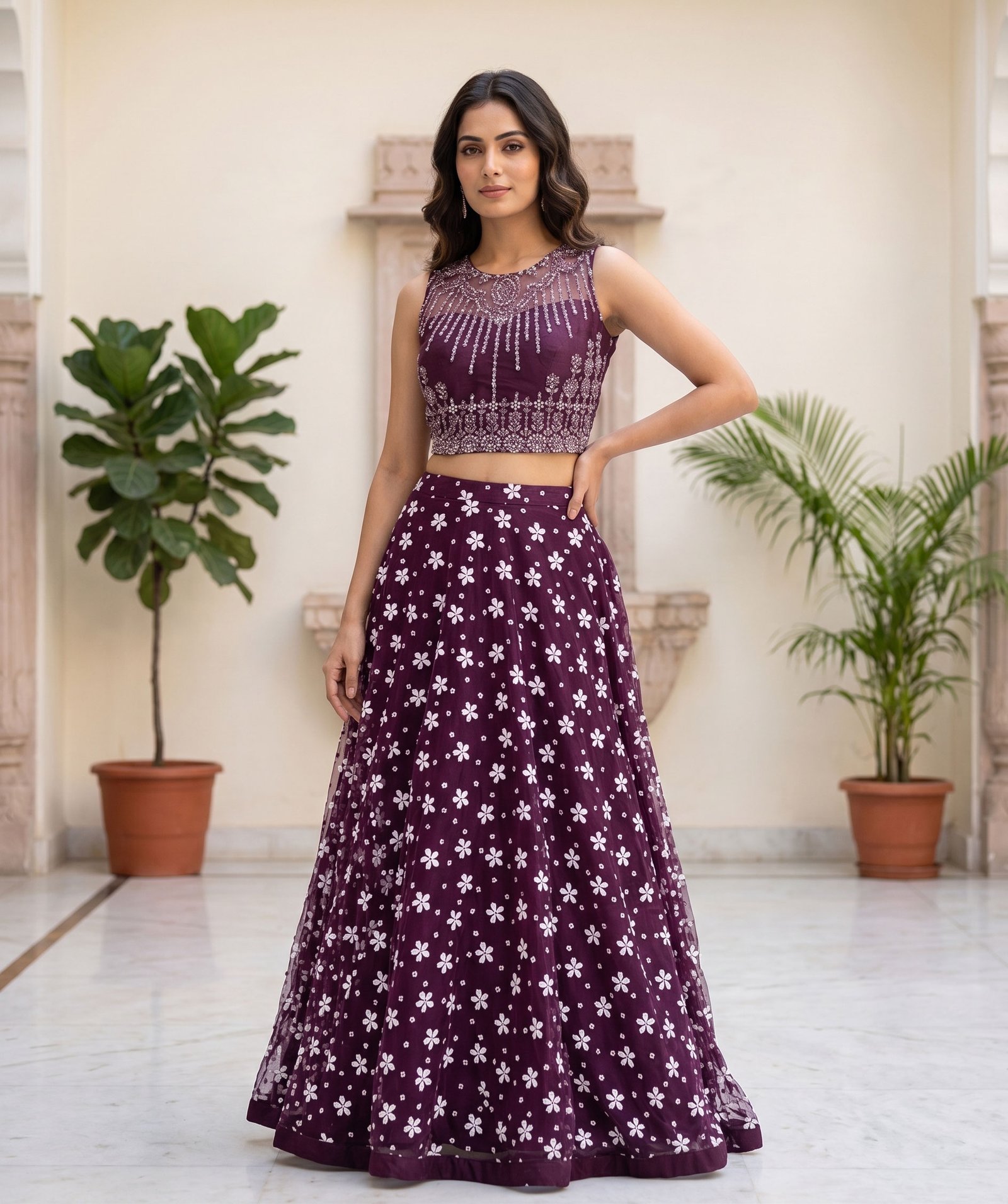 Rajshri Fashions Royal Wine Floral Embroidered Net Lehenga Set - Rajshri Fashions Sowcarpet Chennai