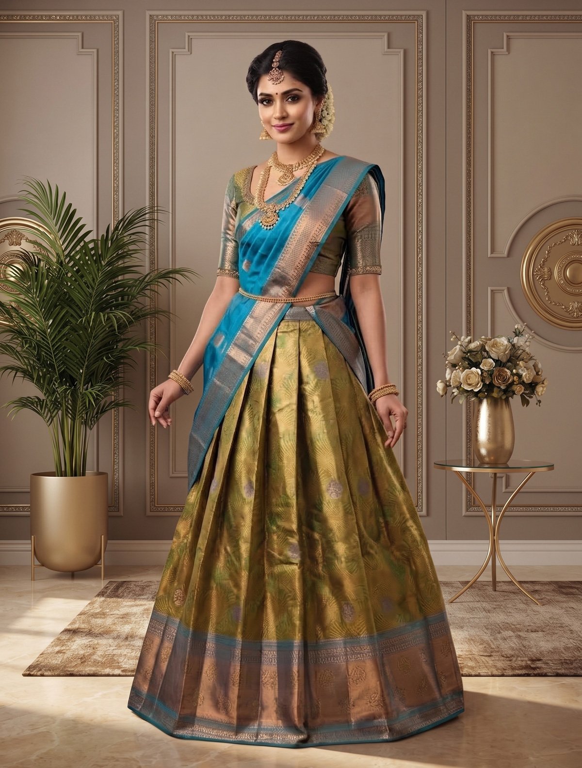 Rajshri Fashions Royal Teal and Antique Gold Kanjivaram Silk Half Saree - Rajshri Fashions Sowcarpet Chennai