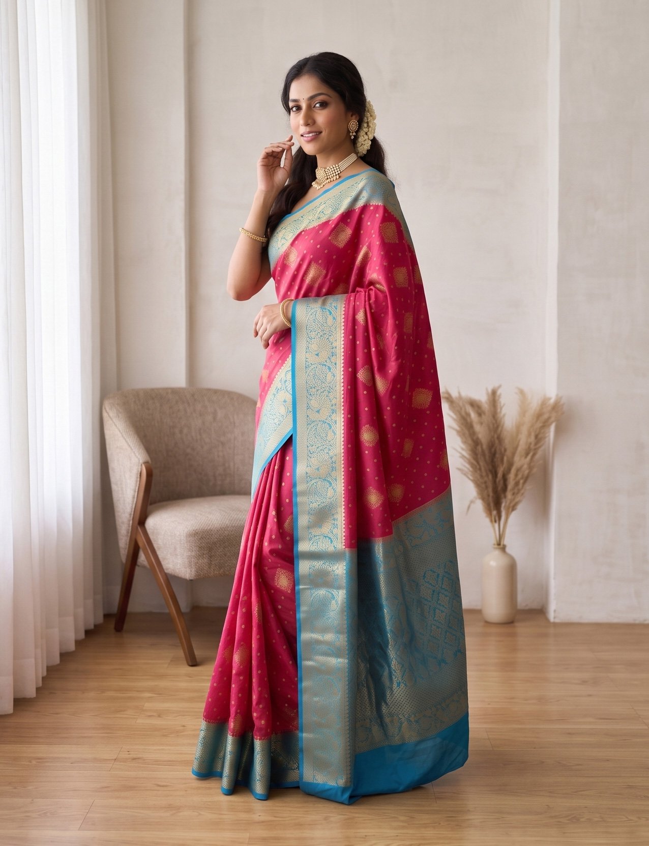 Rajshri Fashions Fuchsia Pink Banarasi Silk Saree with Teal Blue Zari Border - Rajshri Fashions Sowcarpet Chennai