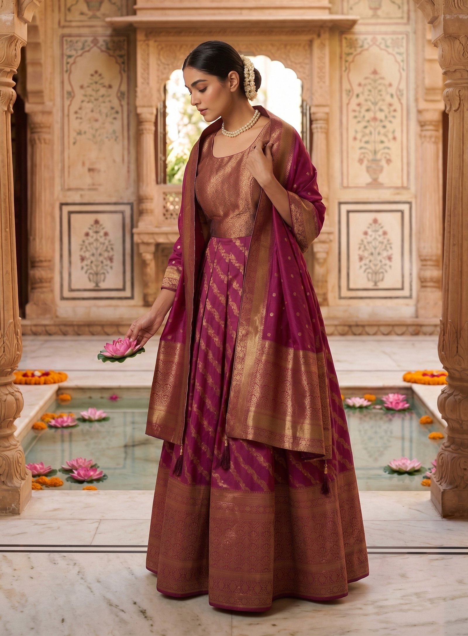 Rajshri Fashions Royal Magenta Banarasi Silk Gown Set - Rajshri Fashions Sowcarpet Chennai