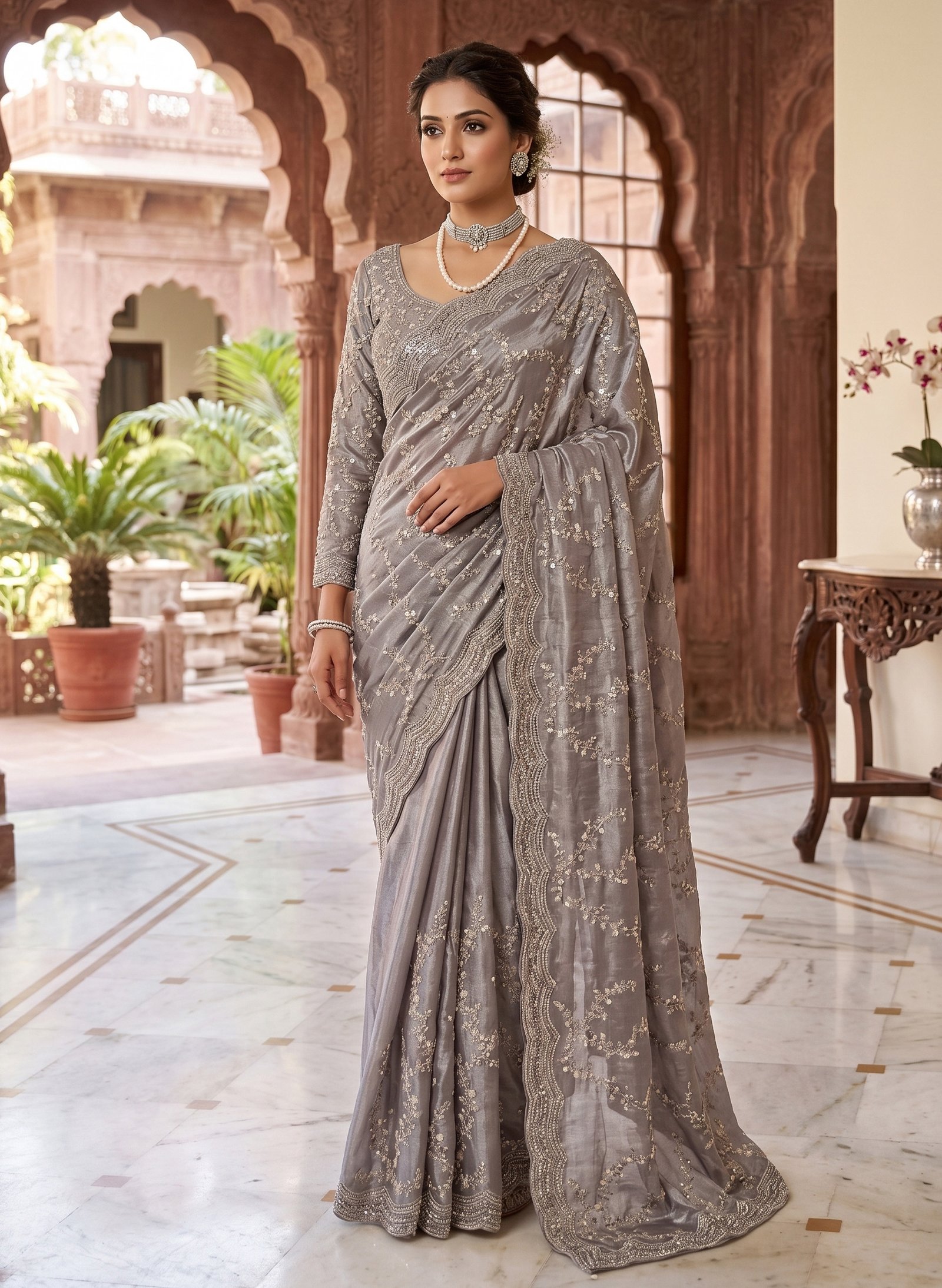 Rajshri Fashions Elegant Slate Grey Sequined Silk Designer Saree - Rajshri Fashions Sowcarpet Chennai