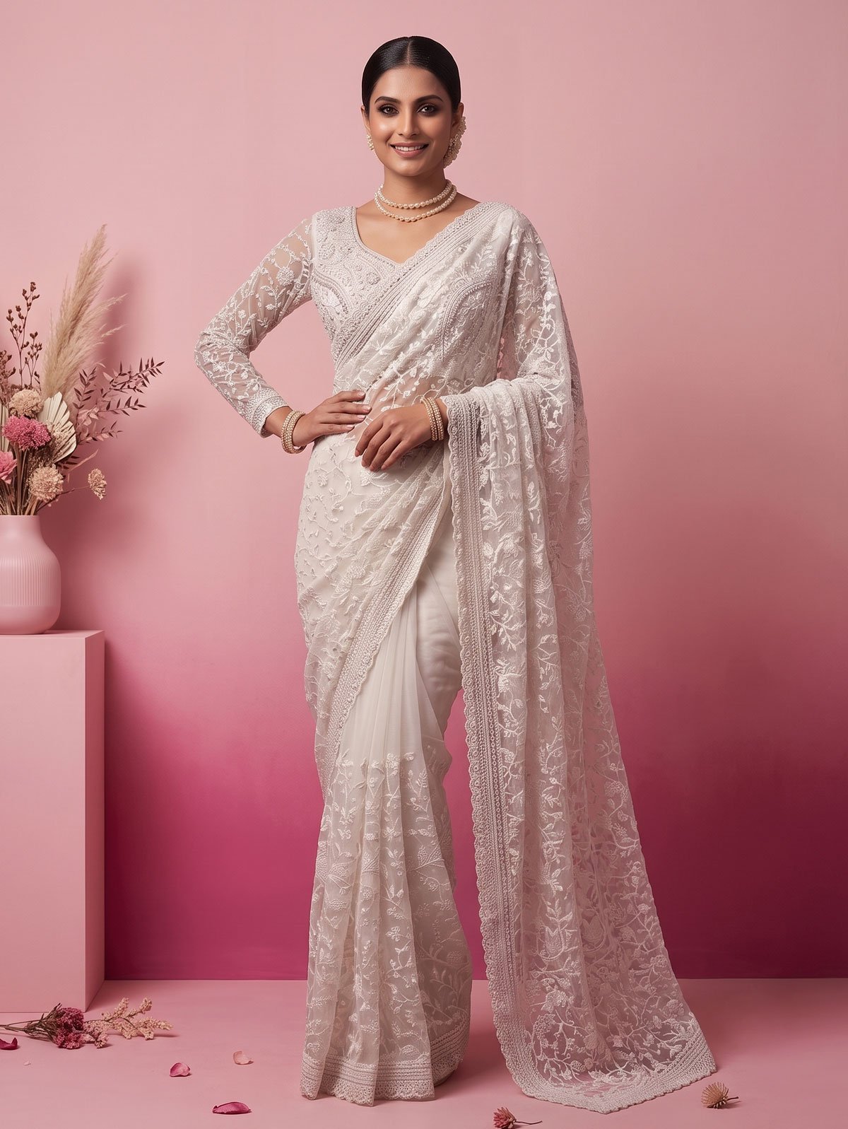 Rajshri Fashions Ivory White Floral Embroidered Net Saree - Rajshri Fashions Sowcarpet Chennai