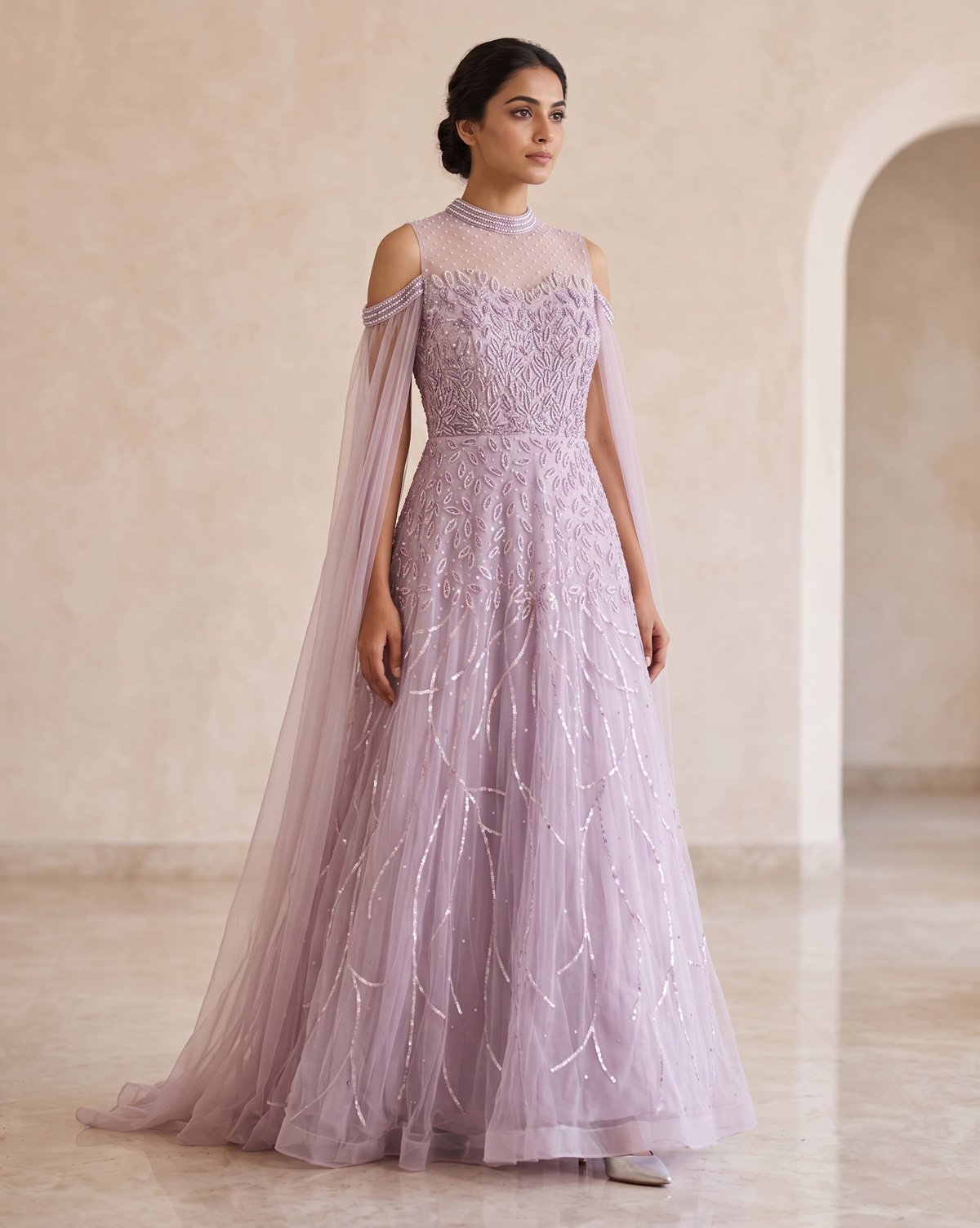Rajshri Fashions Ethereal Lavender Cold-Shoulder Embellished Evening Gown