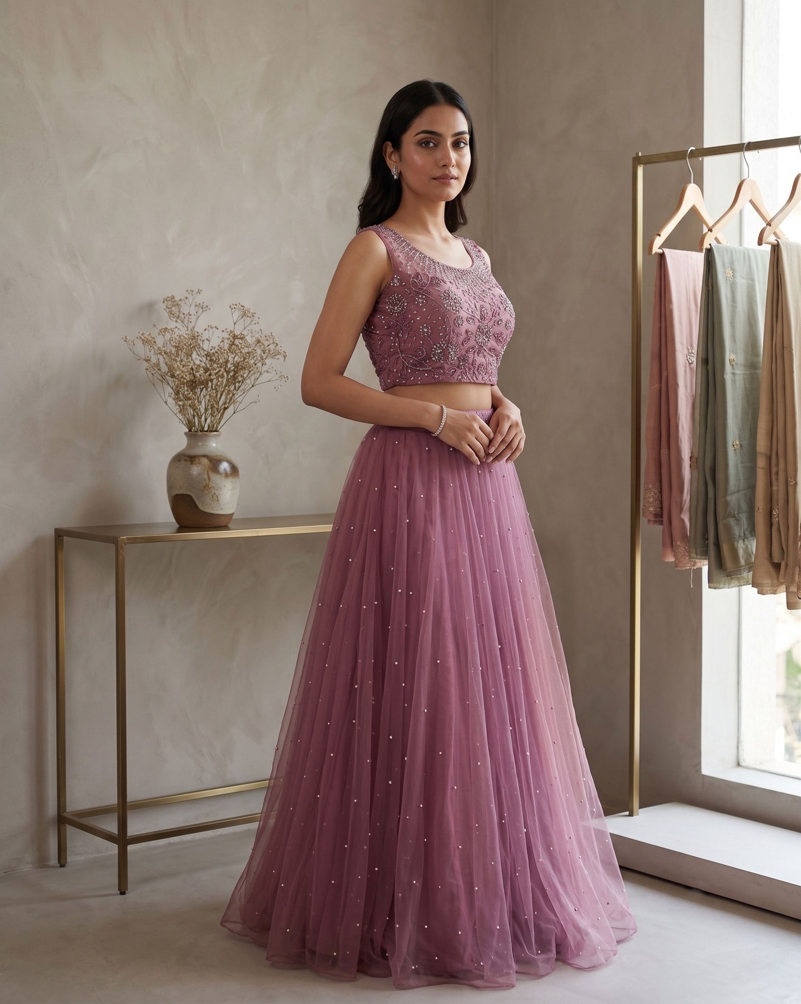 Rajshri Fashions Onion Pink Embellished Crop Top Lehenga Set - Rajshri Fashions Sowcarpet Chennai