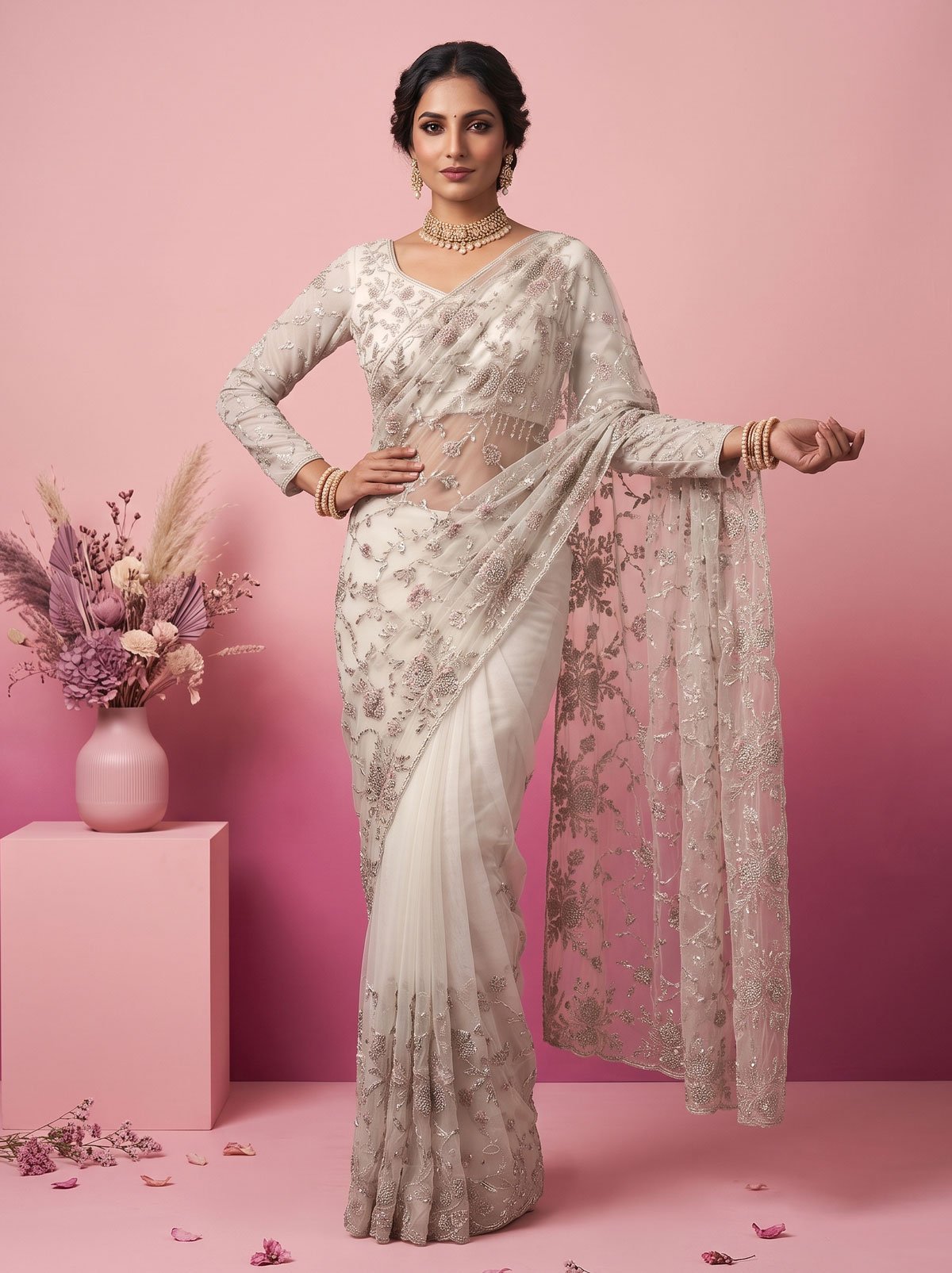 Rajshri Fashions Ivory Pearl Embellished Net Designer Saree - Rajshri Fashions Sowcarpet Chennai