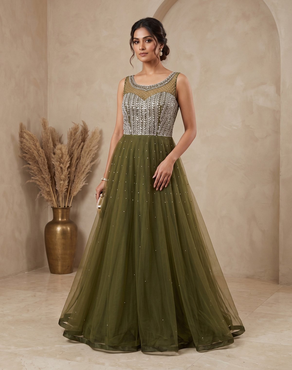 Rajshri Fashions Olive Green Embellished Tulle Evening Gown - Rajshri Fashions Sowcarpet Chennai