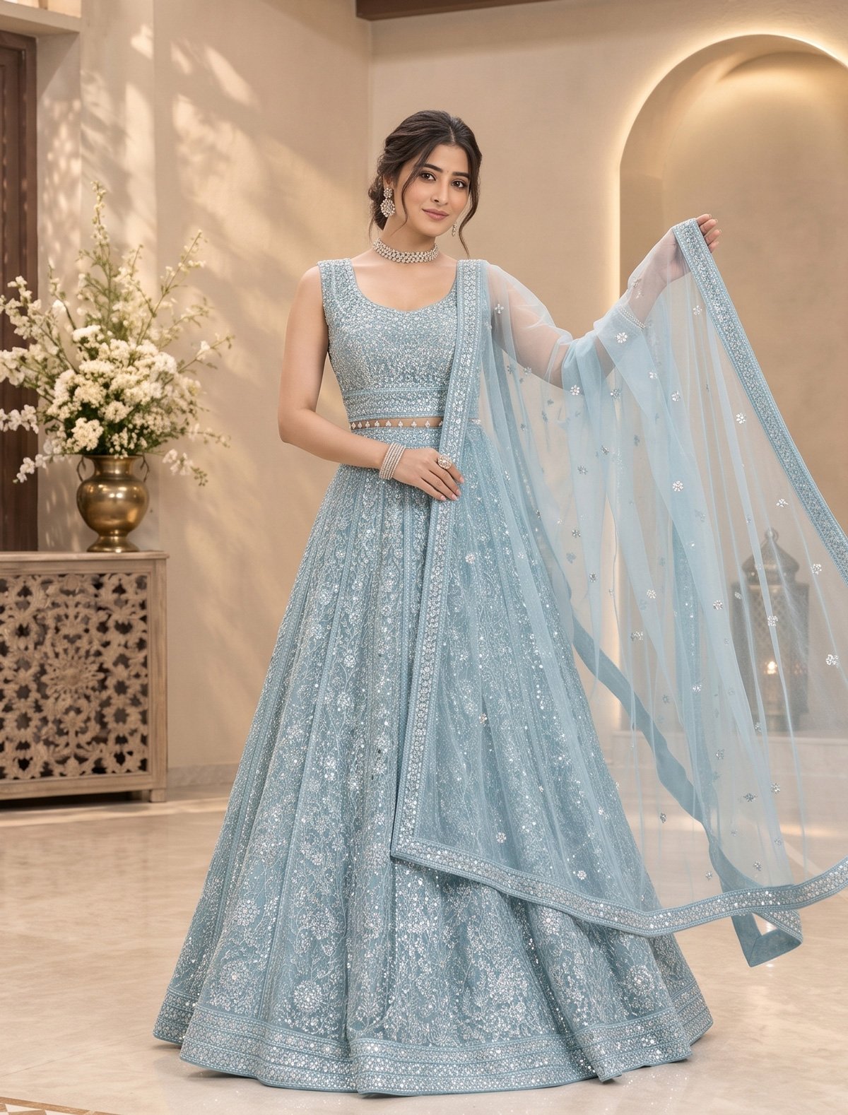 Rajshri Fashions Ethereal Powder Blue Sequined Net Bridal Lehenga - Rajshri Fashions Sowcarpet Chennai