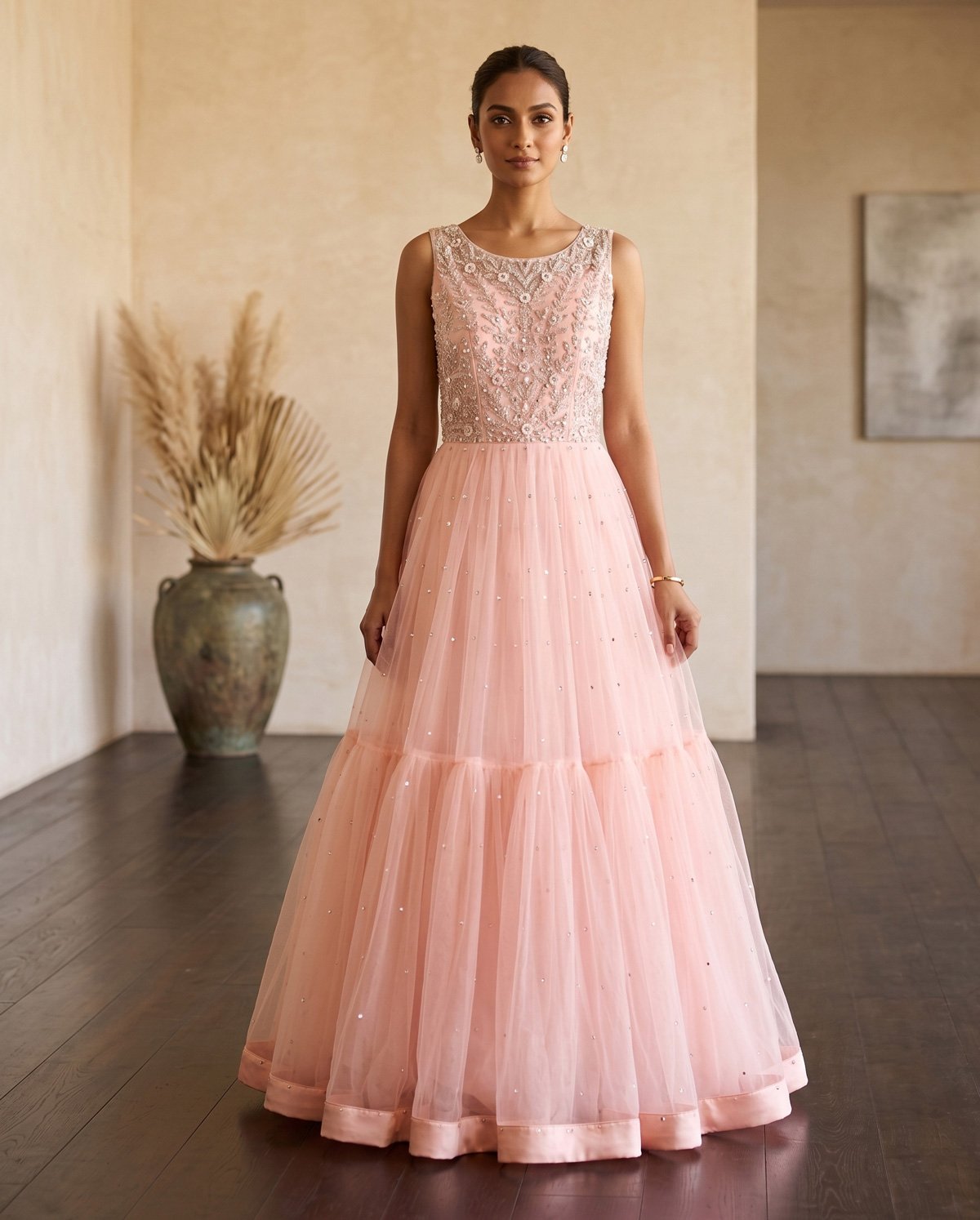Rajshri Fashions Blush Pink Embellished Tulle Evening Gown - Rajshri Fashions Sowcarpet Chennai