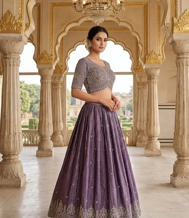 Rajshri Fashions Royal Lavender Embellished Raw Silk Lehenga Set - Rajshri Fashions Sowcarpet Chennai