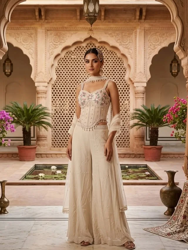 Rajshri Fashions Ivory Floral Embroidered Corset  Set