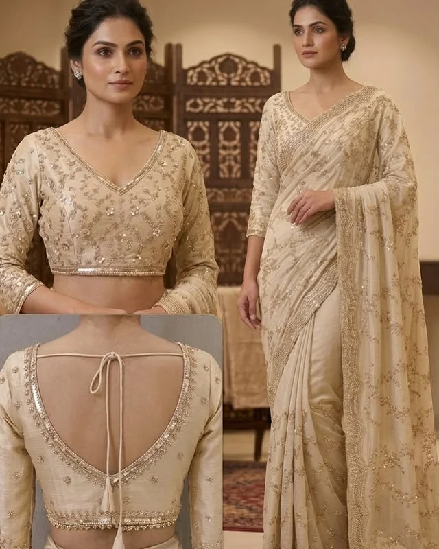 Rajshri Fashions Champagne Gold Sequined Embellished Saree - Rajshri Fashions Sowcarpet Chennai