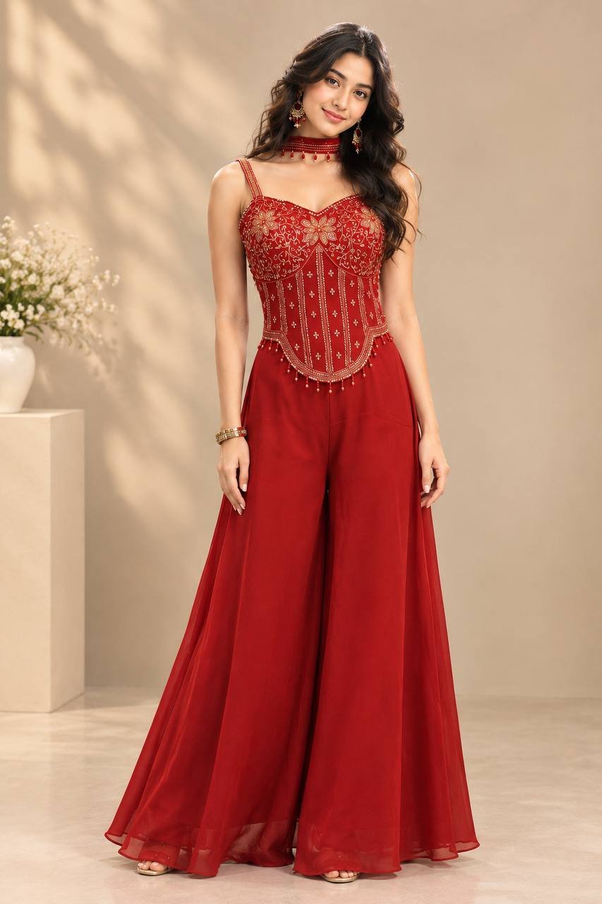 Rajshri Fashions Crimson Red Embroidered Corset-Style Sharara Set - Rajshri Fashions Sowcarpet Chennai