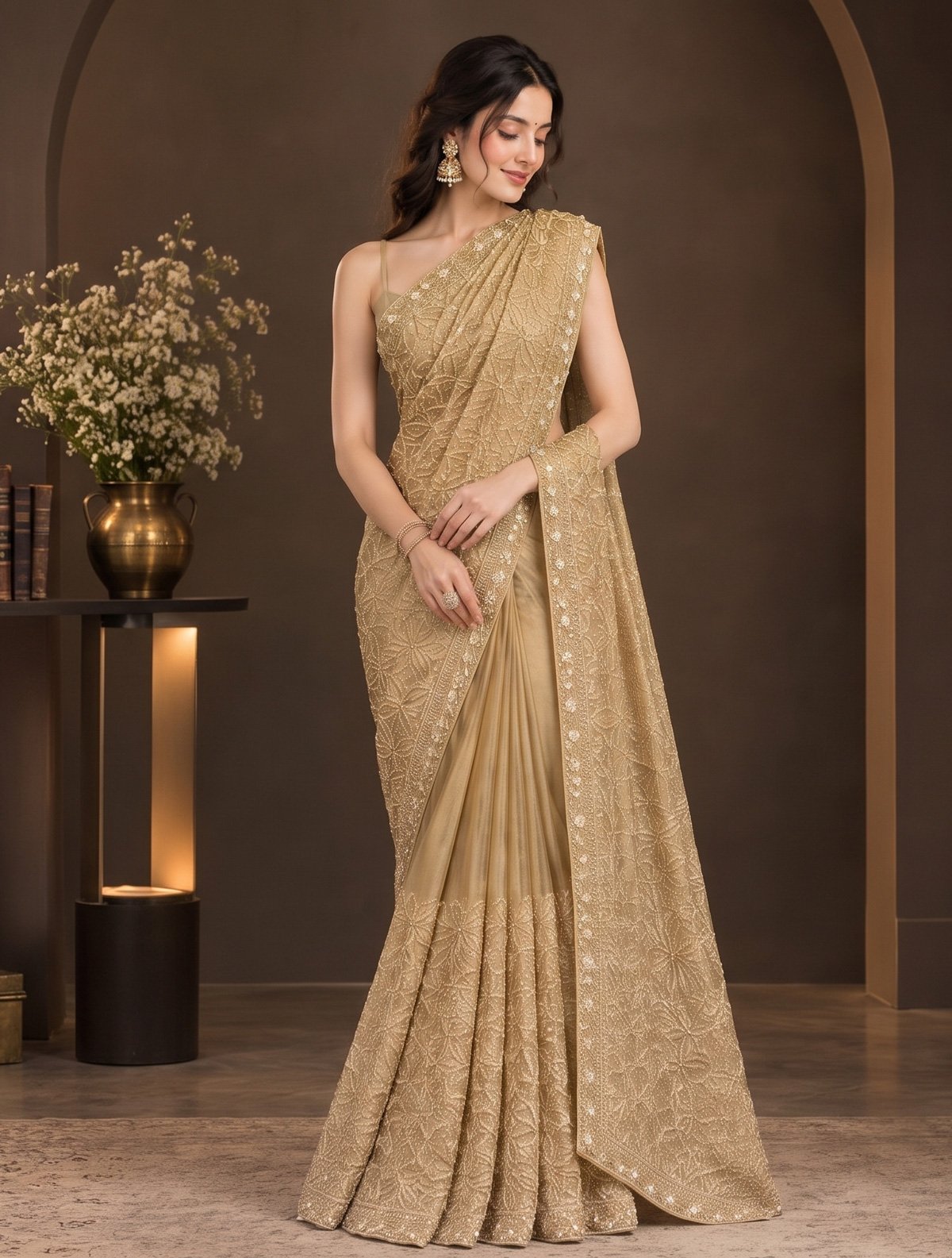 Rajshri Fashions Radiant Gold Embellished Net Designer Saree - Rajshri Fashions Sowcarpet Chennai