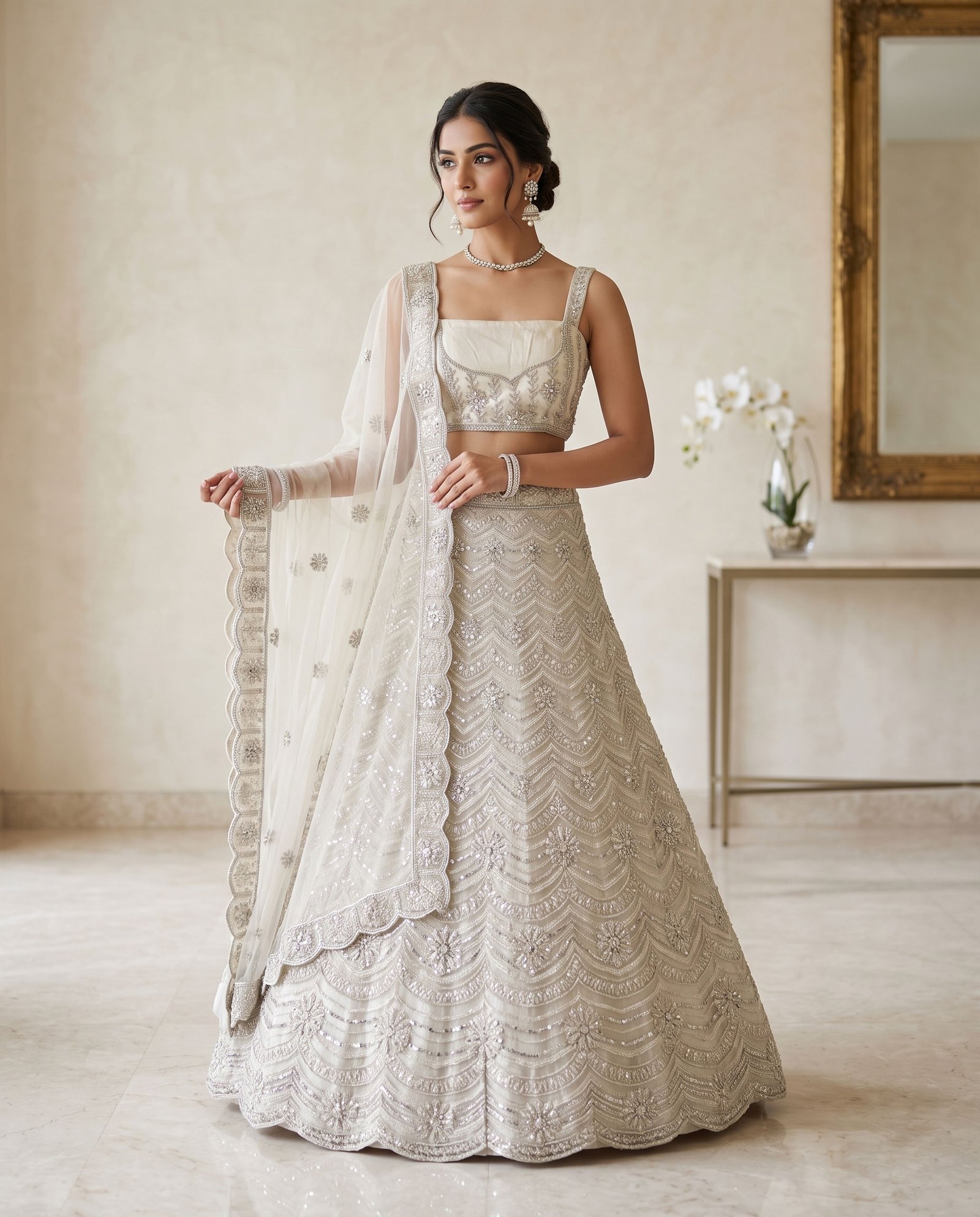 Rajshri Fashions Ivory Pearl Embellished Zardosi Bridal Lehenga