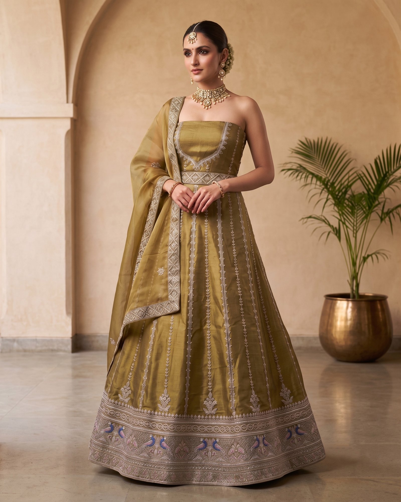 Rajshri Fashions Olive Green Raw Silk Blend Embroidered Lehenga Set - Rajshri Fashions Sowcarpet Chennai