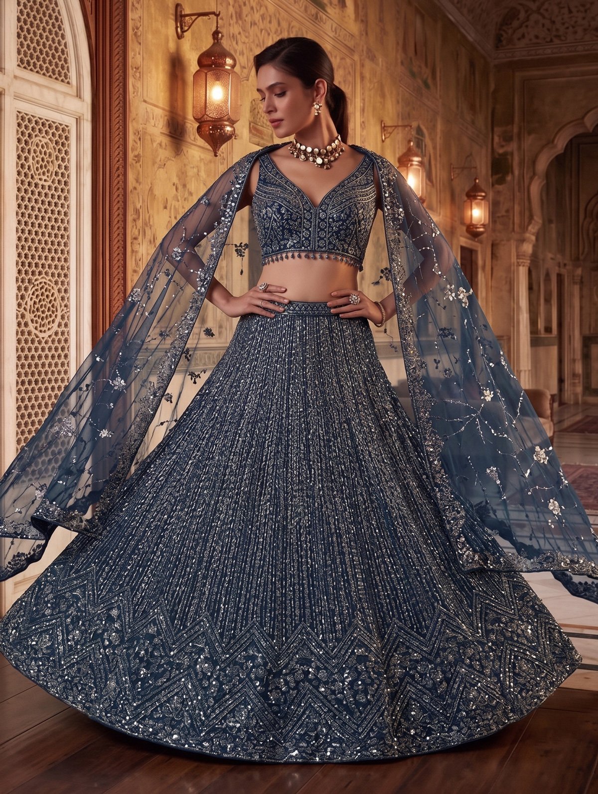 Rajshri Fashions Midnight Blue Embellished Sequined Lehenga Set - Rajshri Fashions Sowcarpet Chennai