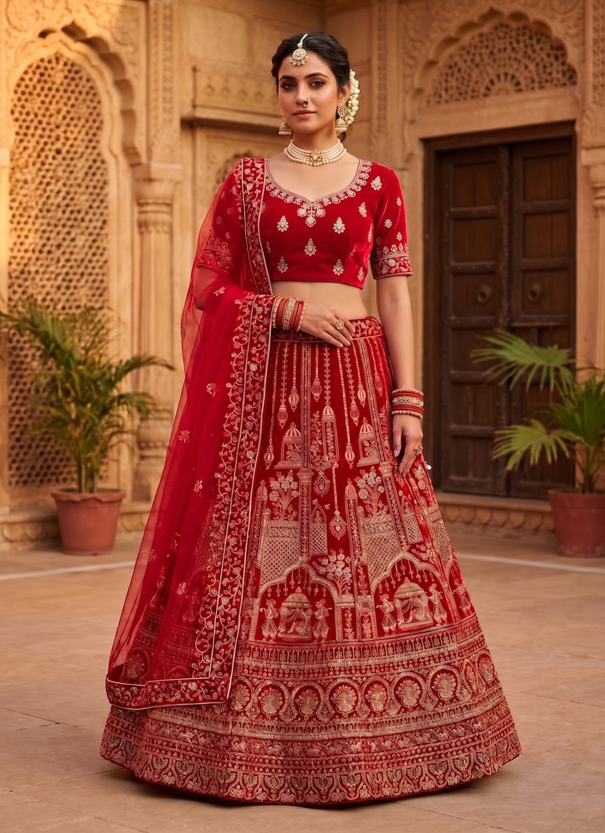 Rajshri Fashions Royal Crimson Velvet Heritage Zardozi Bridal Lehenga - Rajshri Fashions Sowcarpet Chennai