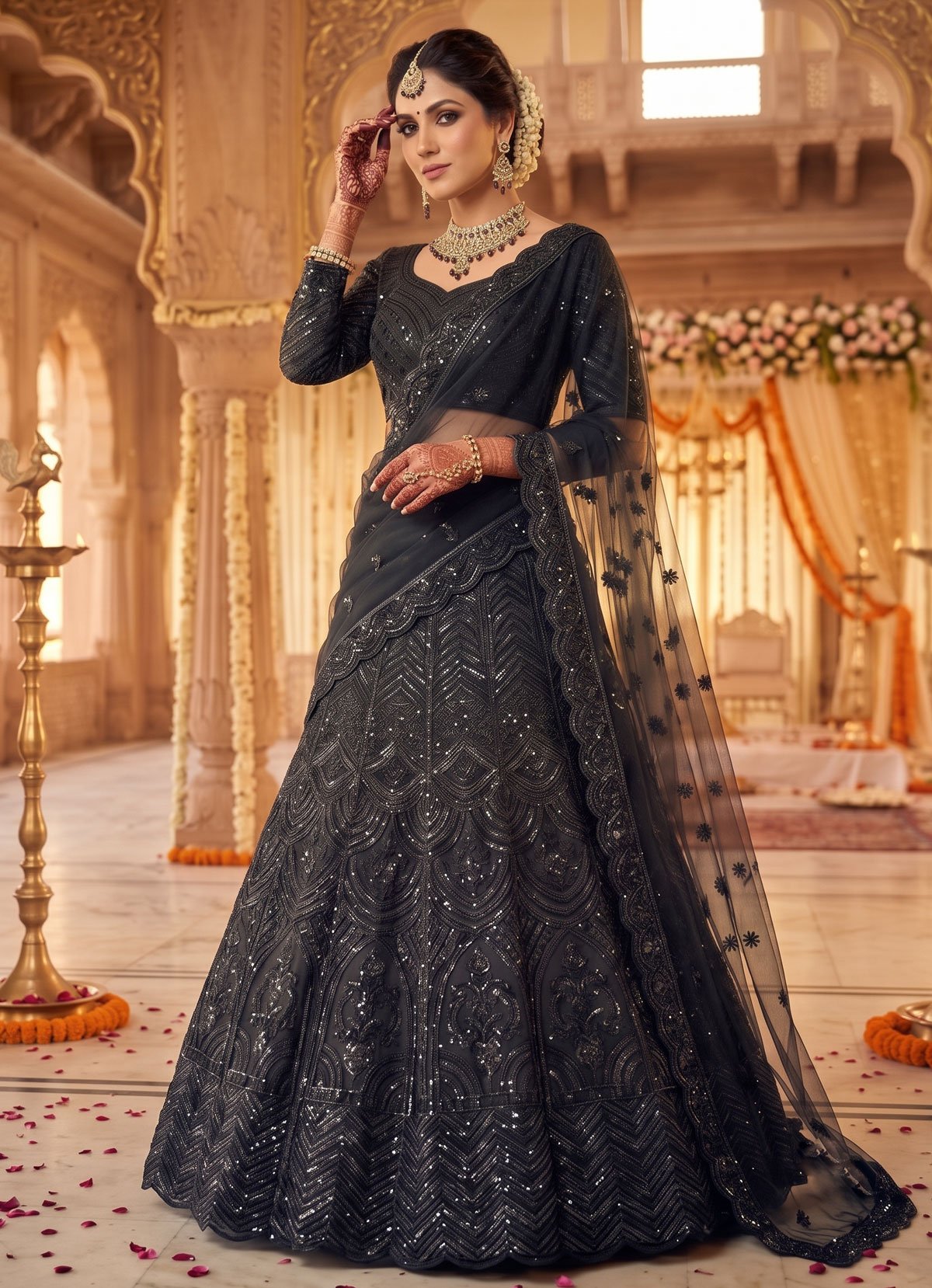 Rajshri Fashions Black Sequined Net Bridal Lehenga - Rajshri Fashions Sowcarpet Chennai