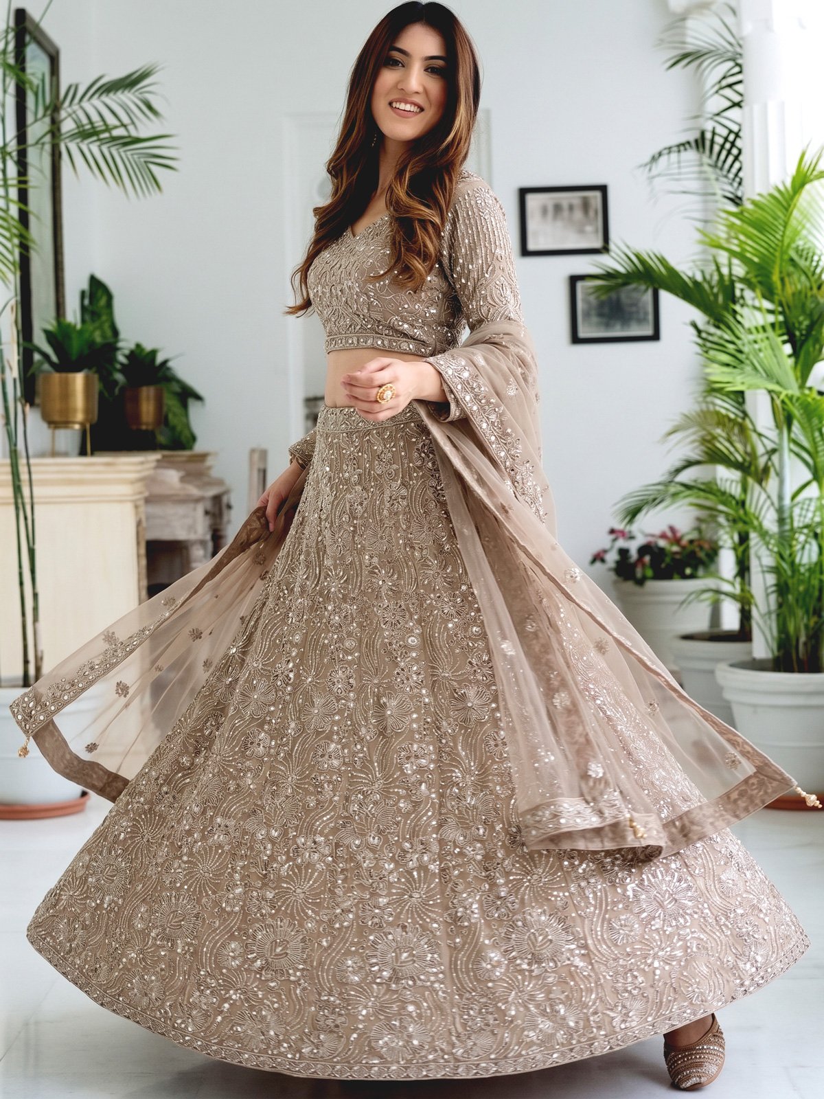Rajshri Fashions Champagne Beige Intricate Sequined Bridal Lehenga - Rajshri Fashions Sowcarpet Chennai