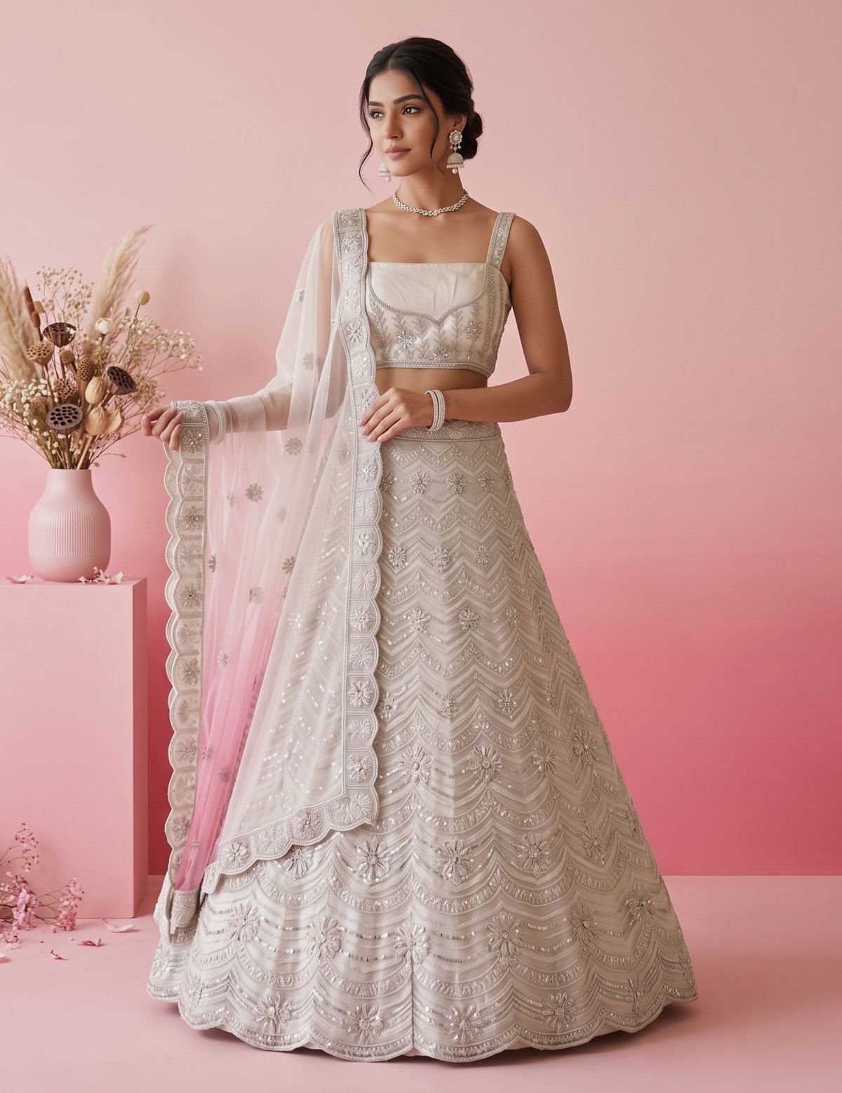 Rajshri Fashions Ivory Pearl Embellished Zardosi Bridal Lehenga