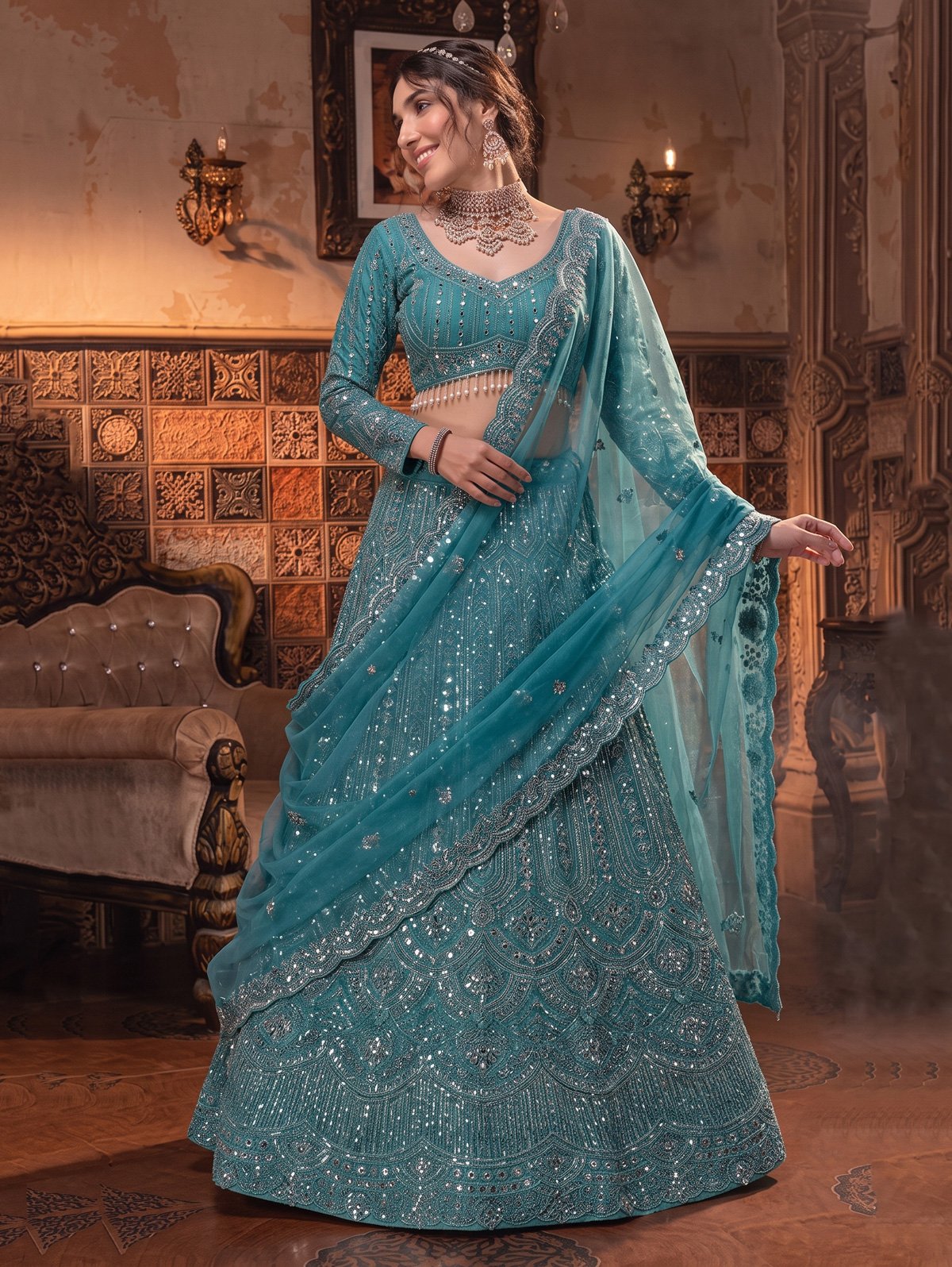 Rajshri Fashions Teal Blue Embellished Net Bridal Lehenga - Rajshri Fashions Sowcarpet Chennai