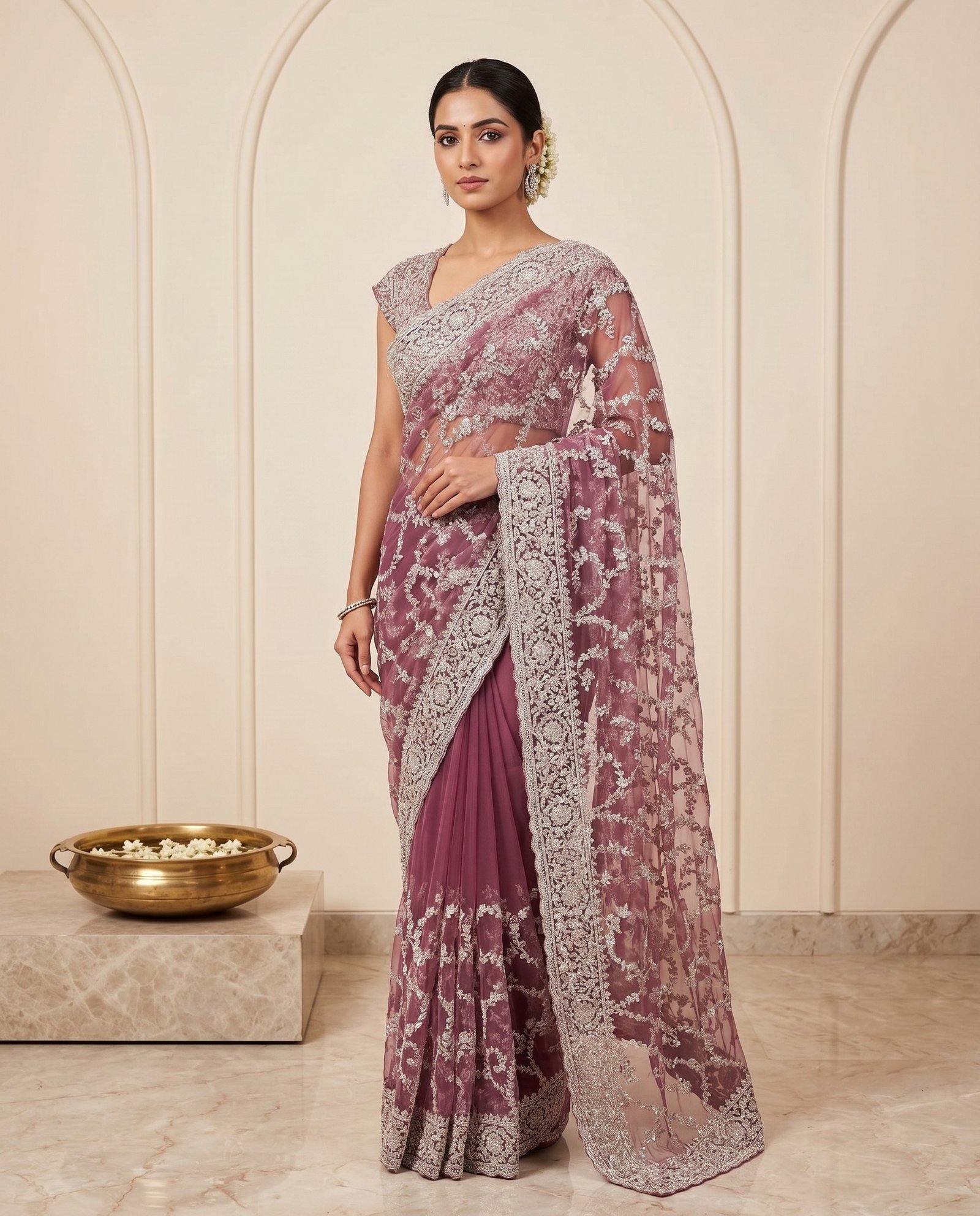 Rajshri Fashions Royal Mauve Net Embroidered Saree - Rajshri Fashions Sowcarpet Chennai