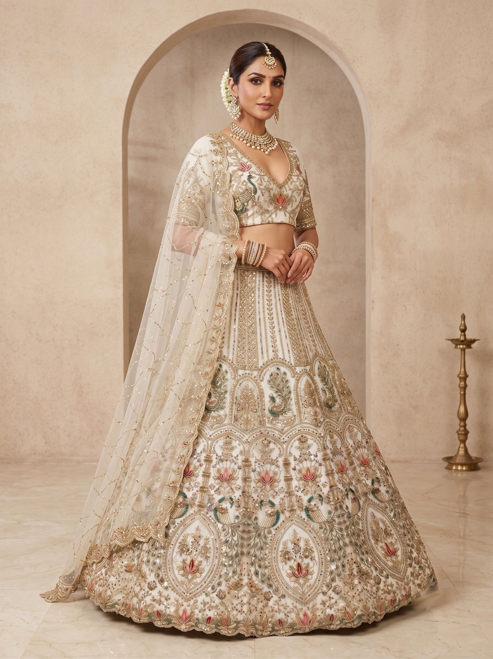 Rajshri Fashions Ivory & Gold Peacock Motif Heavy Zardozi Bridal Lehenga - Rajshri Fashions Sowcarpet Chennai